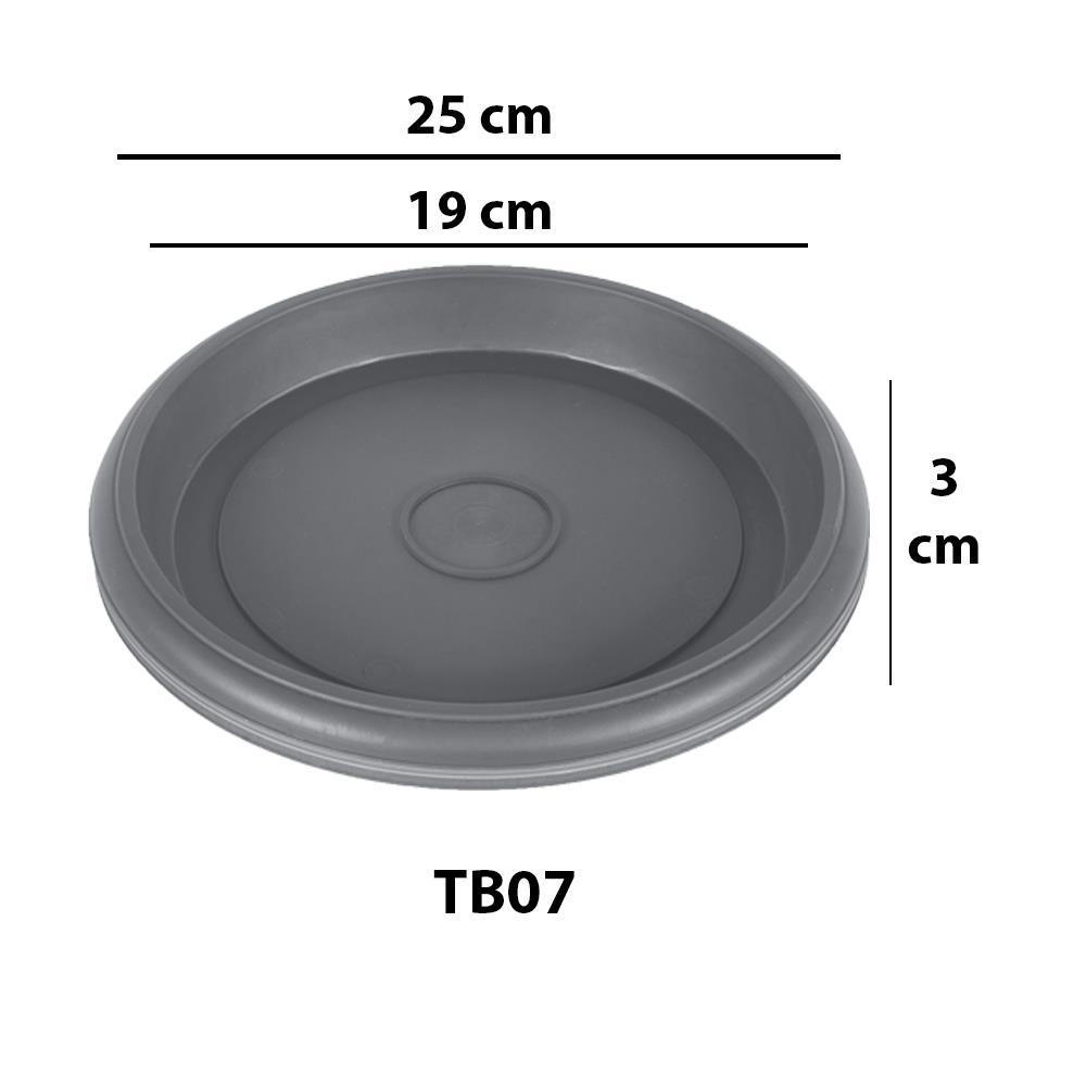 Antrasit Villa saksı tabağı TB07 ölçüleri: 25 cm dış, 19 cm iç çap, 3 cm yükseklik