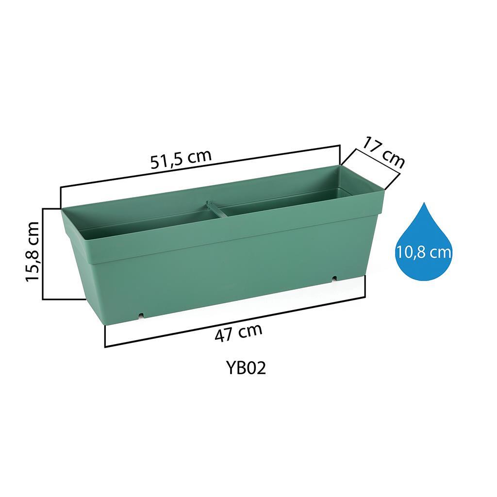 Yeşil Yalı balkon saksısı YB02 ölçüleri: 51,5 cm üst, 47 cm taban uzunluk, 17 cm genişlik, 15,8 cm yükseklik