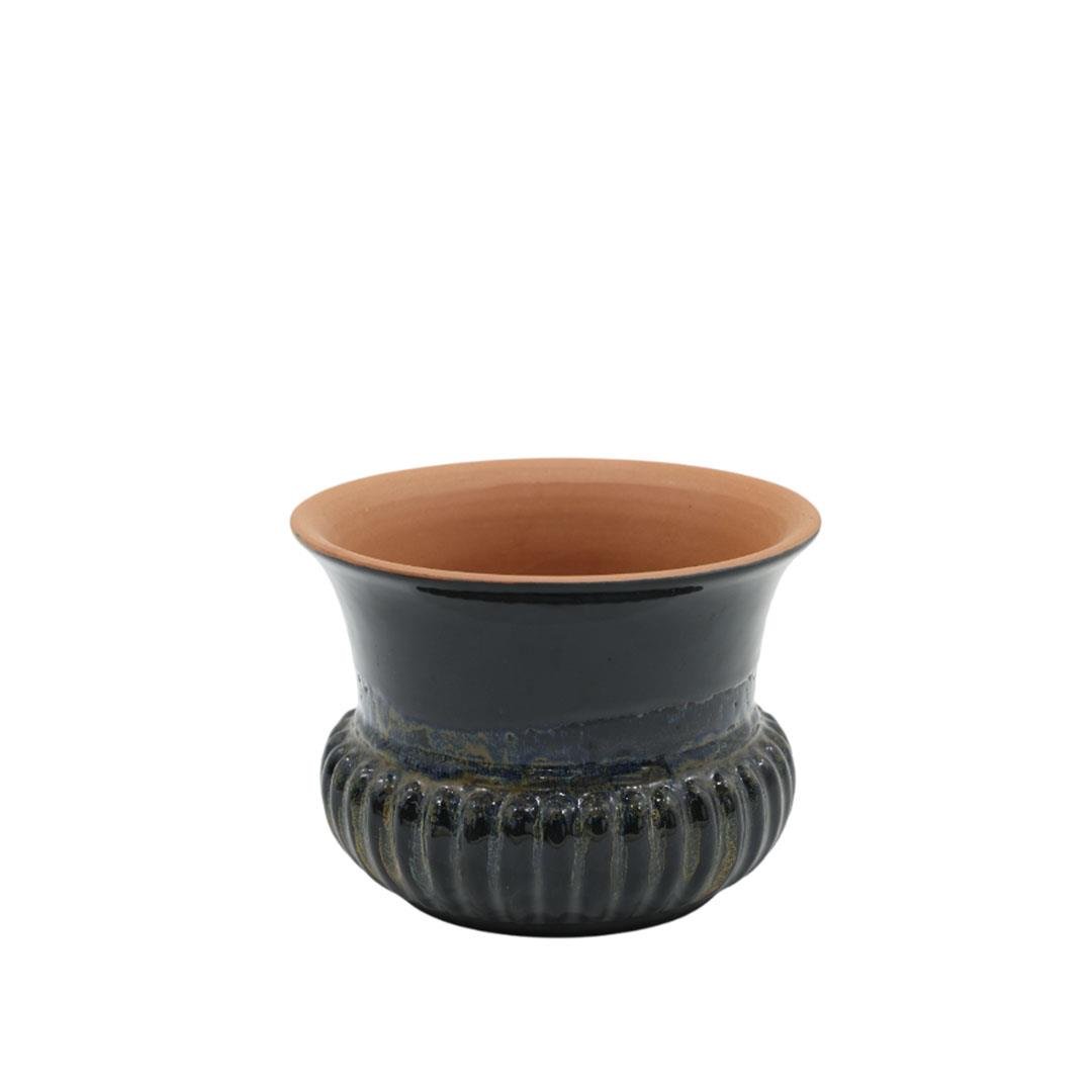 Toprak Saksı Çizgi Desenli Sırlı Büyük 21*15 Cm