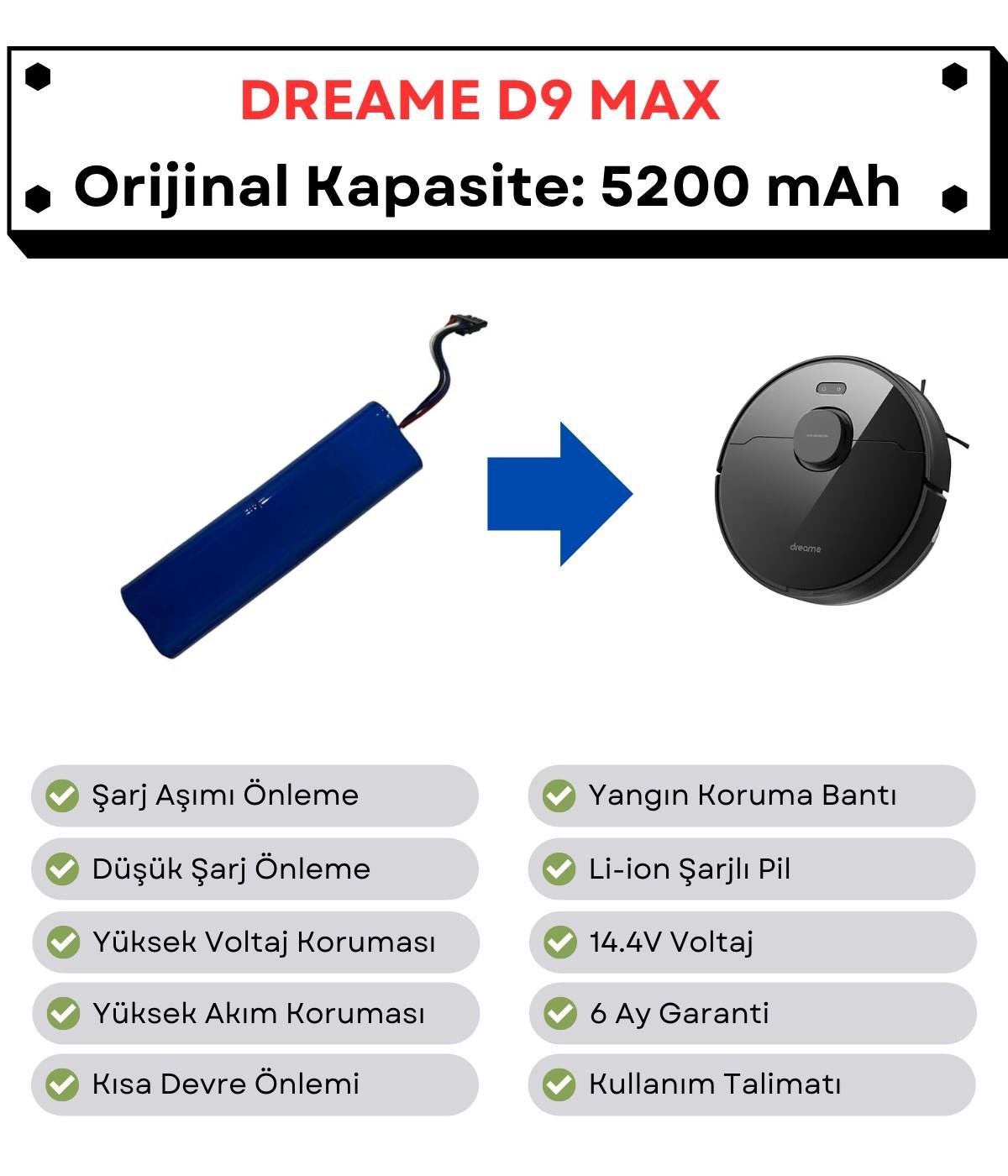 Dreame D9 Max Uyumlu Batarya 14.4V 5200 mAh Robot Süpürge Pili