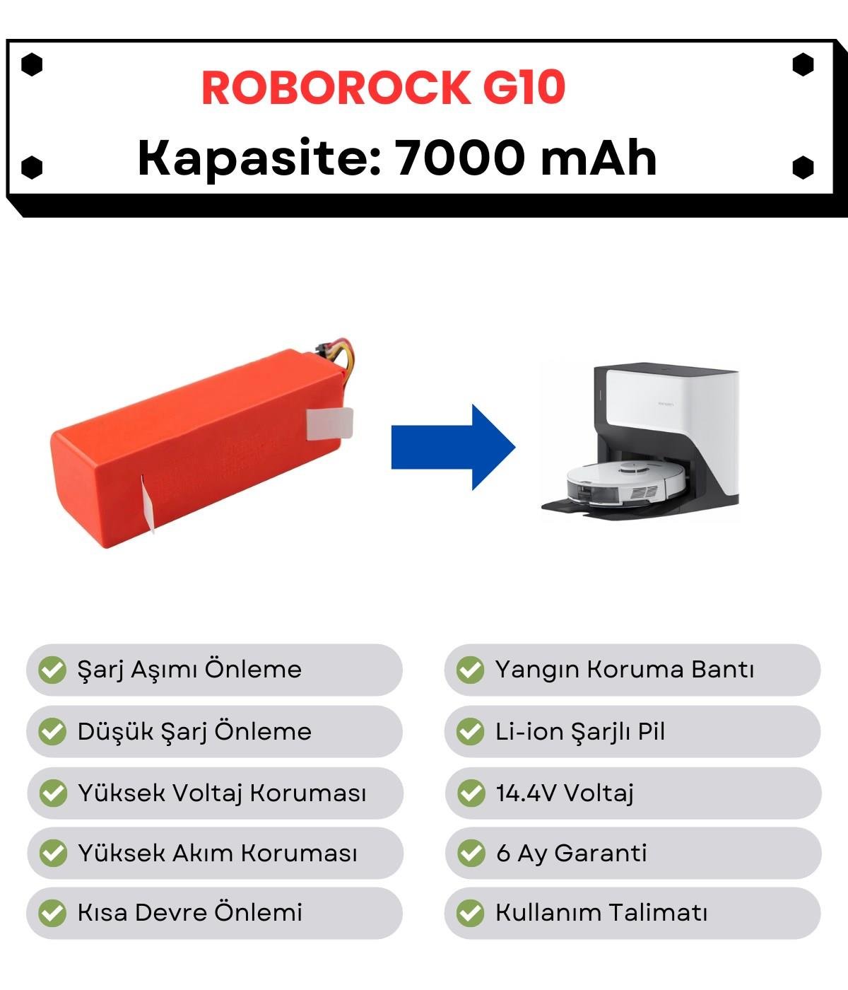 Roborock G10 Uyumlu Batarya 14.4V 7000 mAh Robot Süpürge Pili