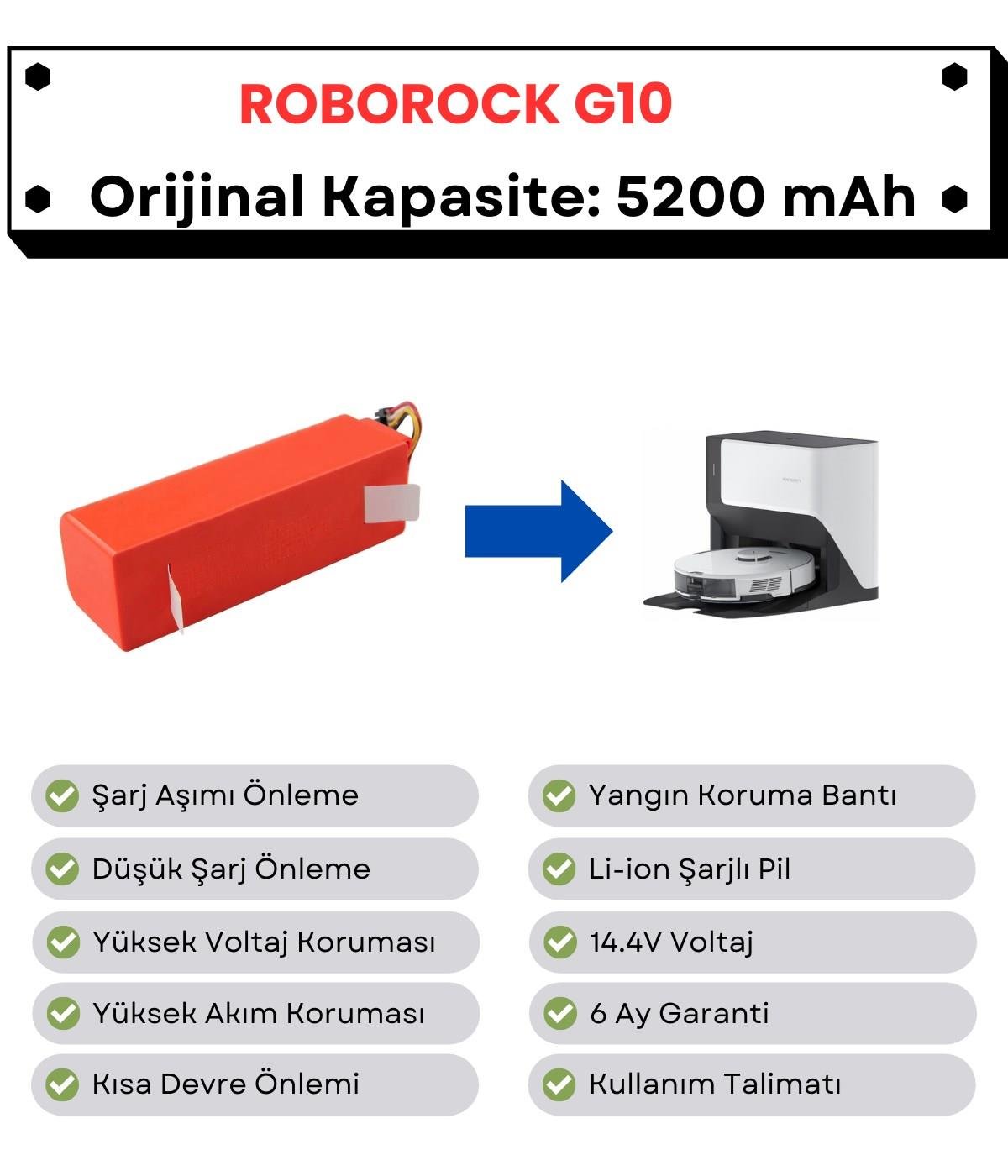 Roborock G10 Uyumlu Batarya 14.4V 5200 mAh Orijinal Kapasite Robot Süpürge Pili