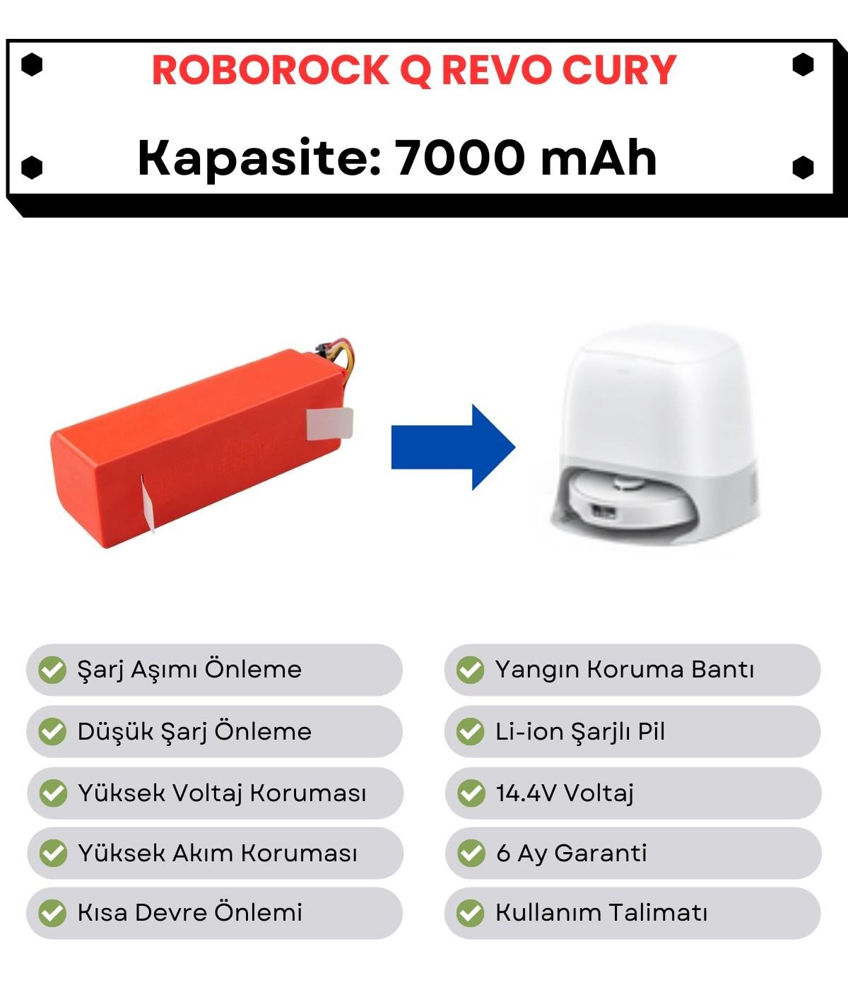 Roborock QRevo Curv Uyumlu Batarya 14.4V 7000 mAh Robot Süpürge Pili