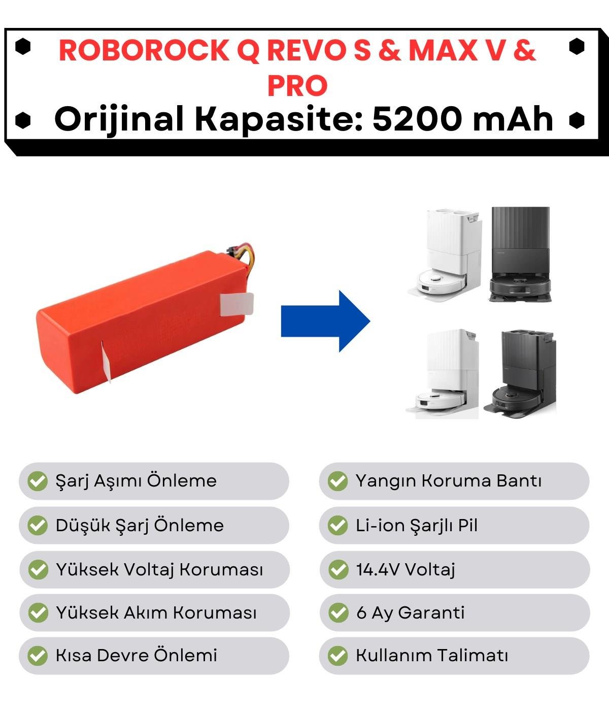 Roborock QRevo MaxV Uyumlu Batarya 14.4V 5200 mAh Orijinal Kapasite Robot Süpürge Pili