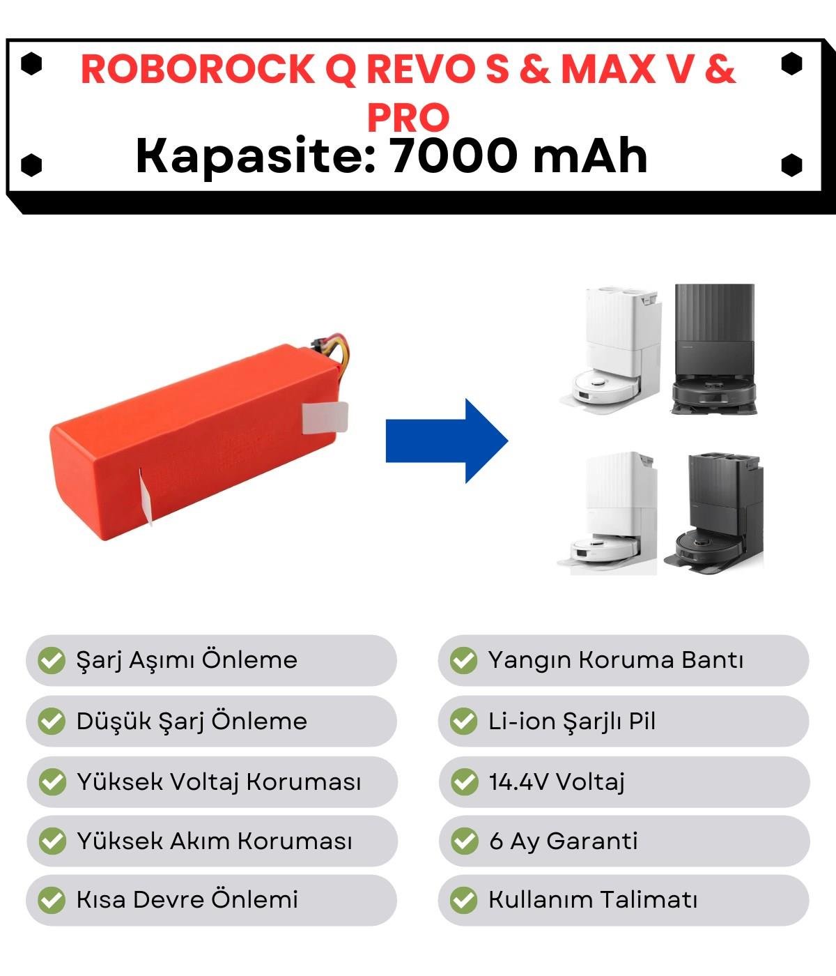 Roborock QRevo S Uyumlu Batarya 14.4V 7000 mAh Robot Süpürge Pili