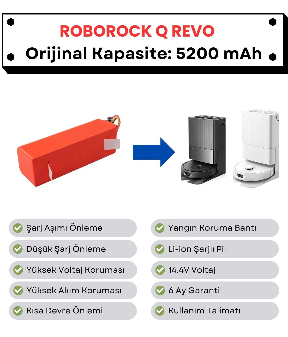 Roborock QRevo Uyumlu Batarya 14.4V 5200 mAh Orijinal Kapasite Robot Süpürge Pili