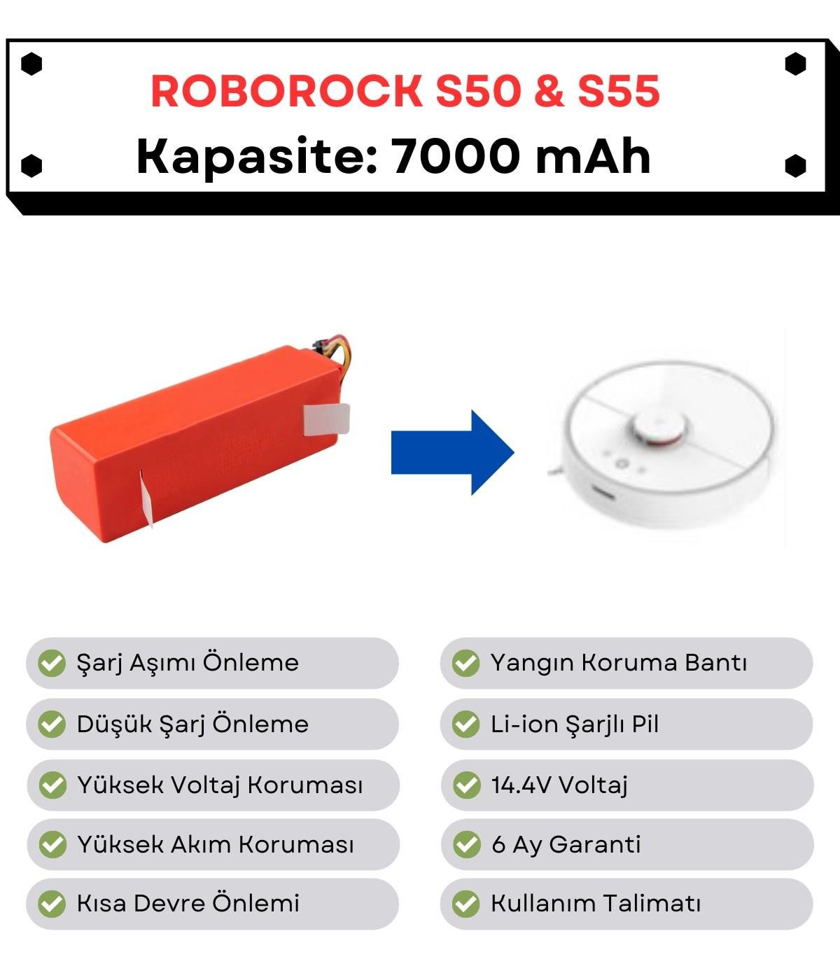 Roborock S50/S55 Uyumlu Batarya 14.4V 7000 mAh Robot Süpürge Pili