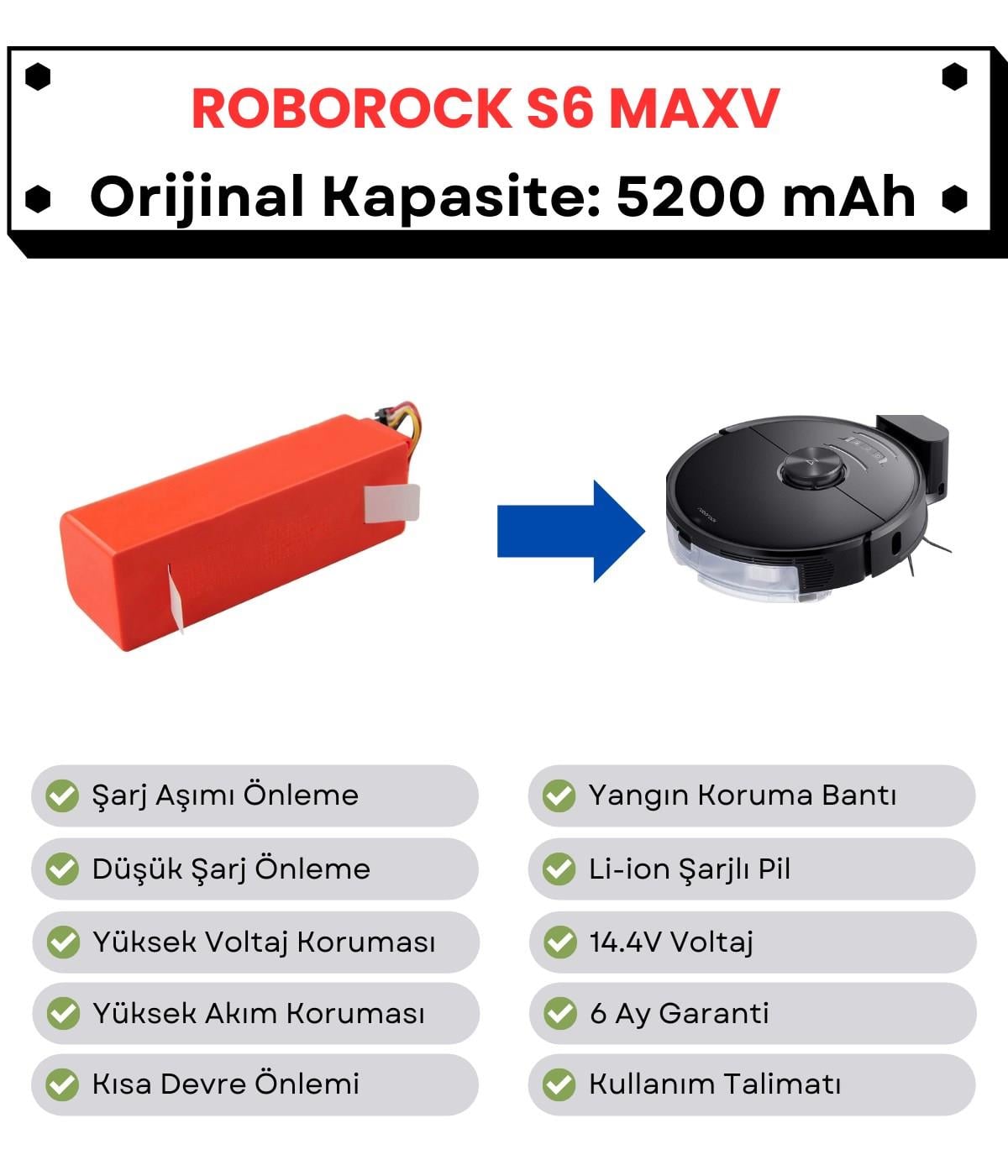 Roborock S6 MaxV Uyumlu Batarya 14.4V 5200 mAh Orijinal Kapasite Robot Süpürge Pili
