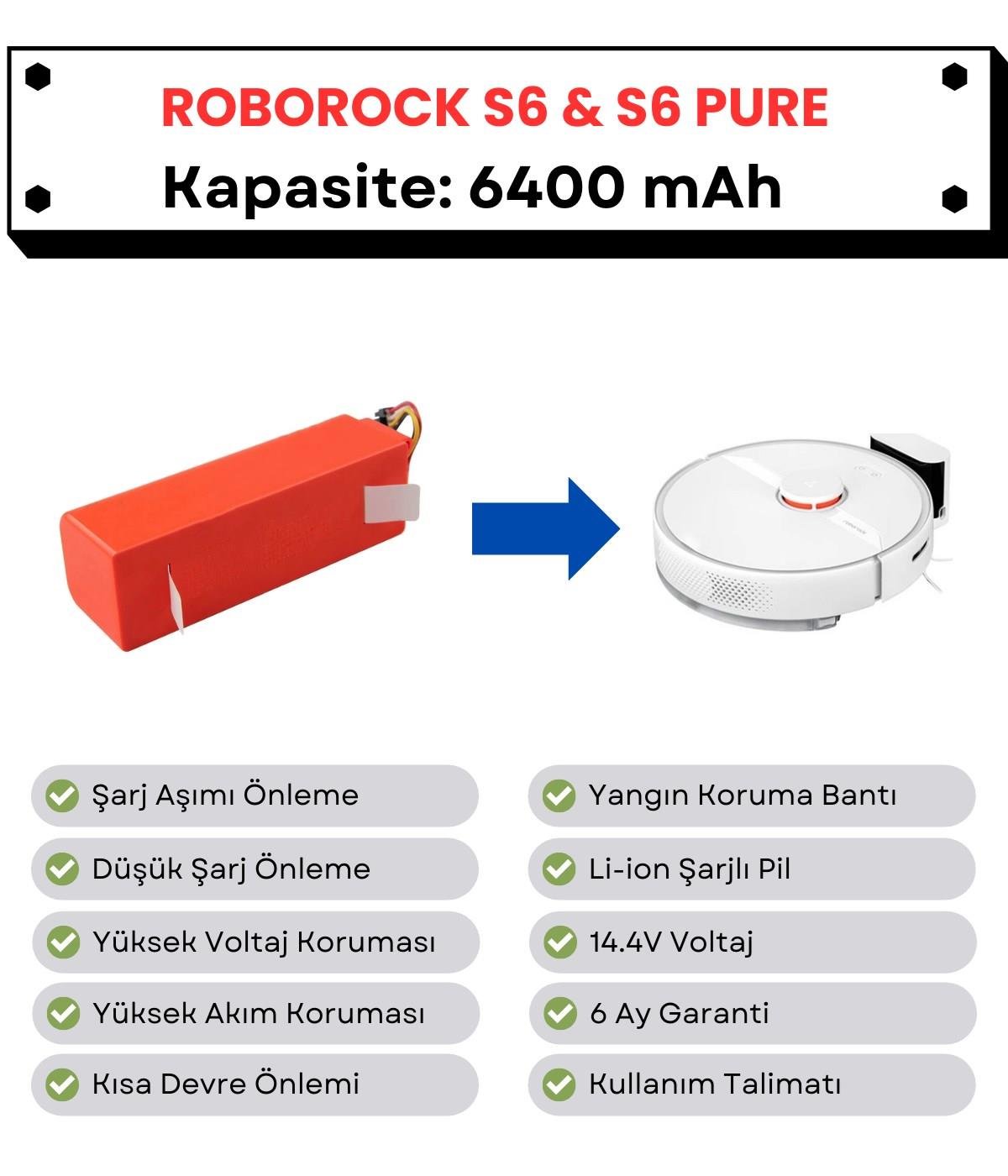 Roborock S6 S6 Pure Uyumlu Batarya 14.4V 6400 mAh Robot Süpürge Pili