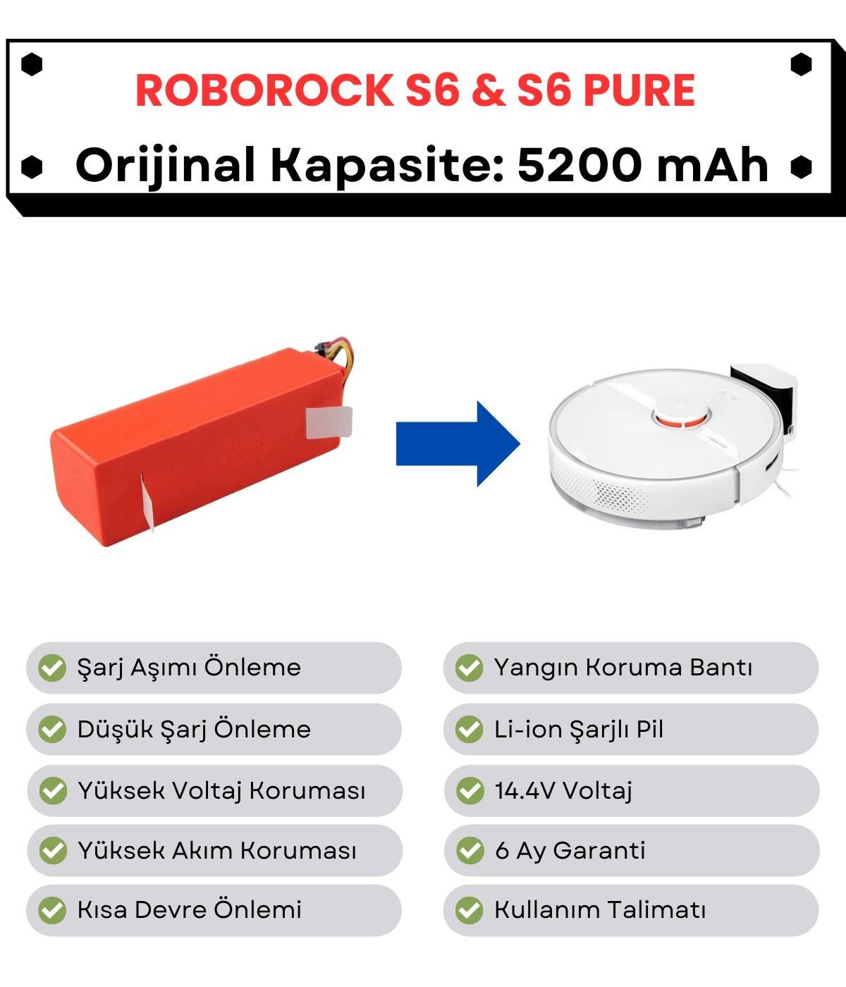 Roborock S6 S6 Pure Uyumlu Batarya 14.4V 5200 mAh Orijinal Kapasite Robot Süpürge Pili