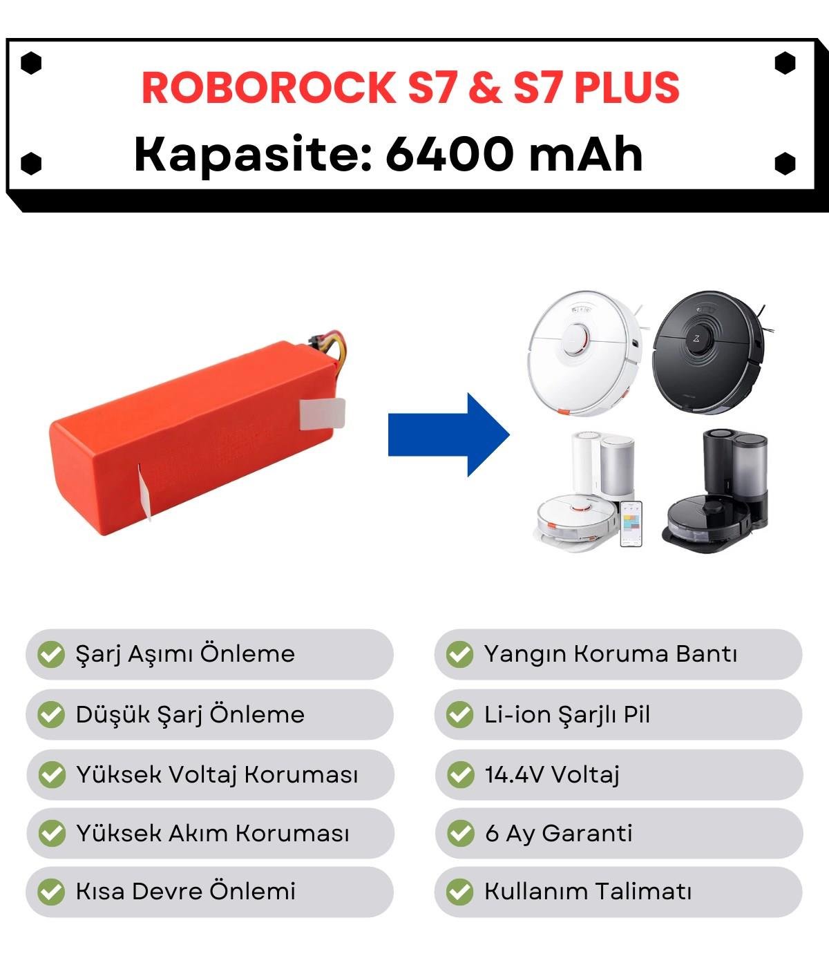 Roborock S7 S7 Plus Uyumlu Batarya 14.4V 6400 mAh Robot Süpürge Pili