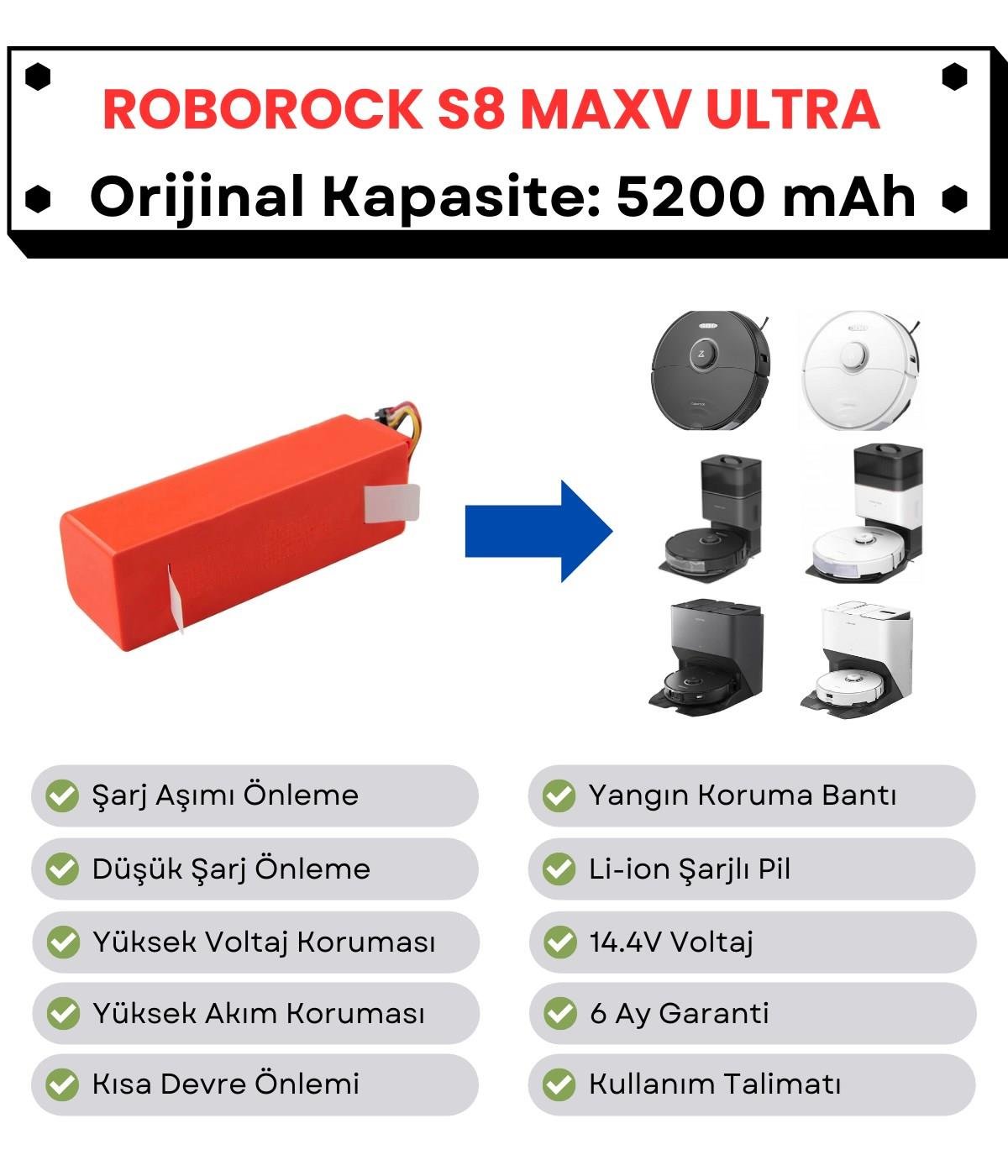 Roborock S8 MaxV Ultra Uyumlu Batarya 14.4V 5200 mAh Orijinal Kapasite Robot Süpürge Pili