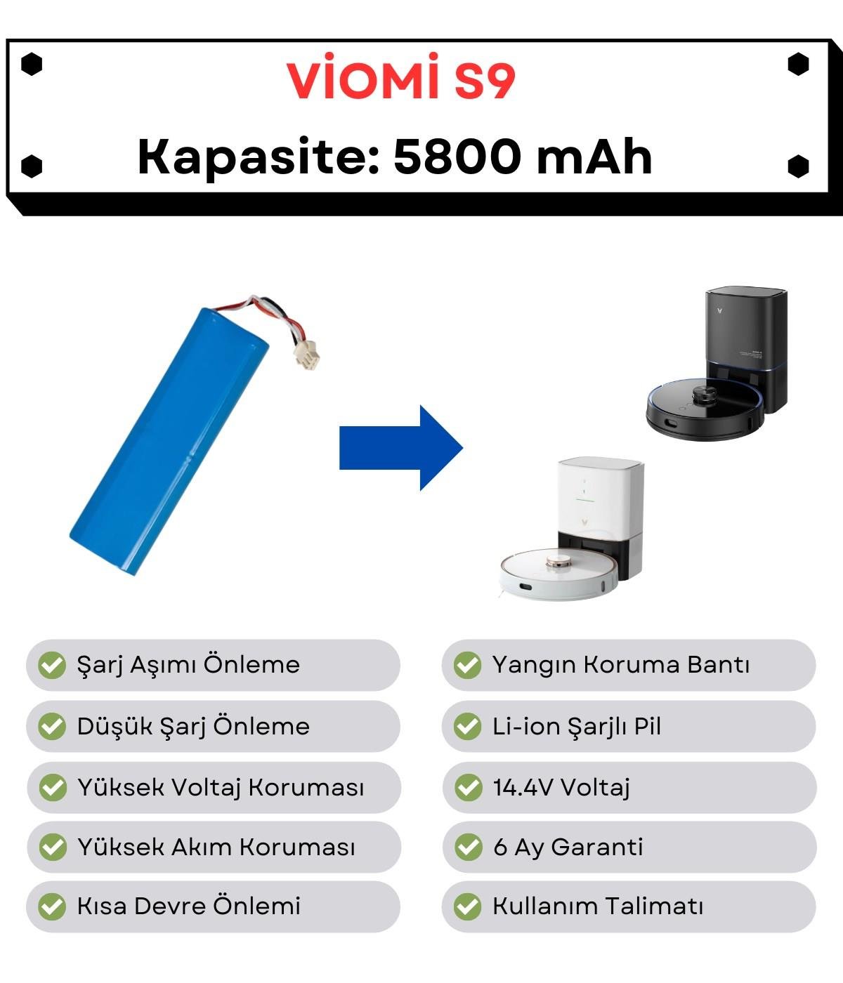 Viomi S9 Uyumlu Batarya 14.4V 5800 mAh Robot Süpürge Pili