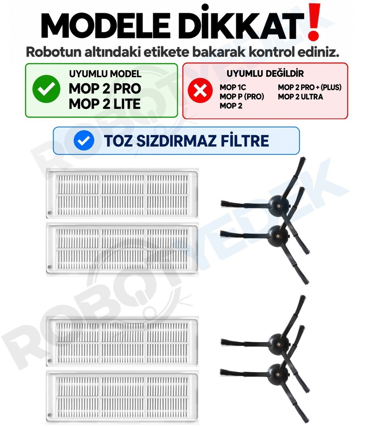 Xiaomi Mop 2 Pro (Siyah) MJST1SHW Uyumlu Yedek Hepa Filtre Yan Fırça-8 Parça