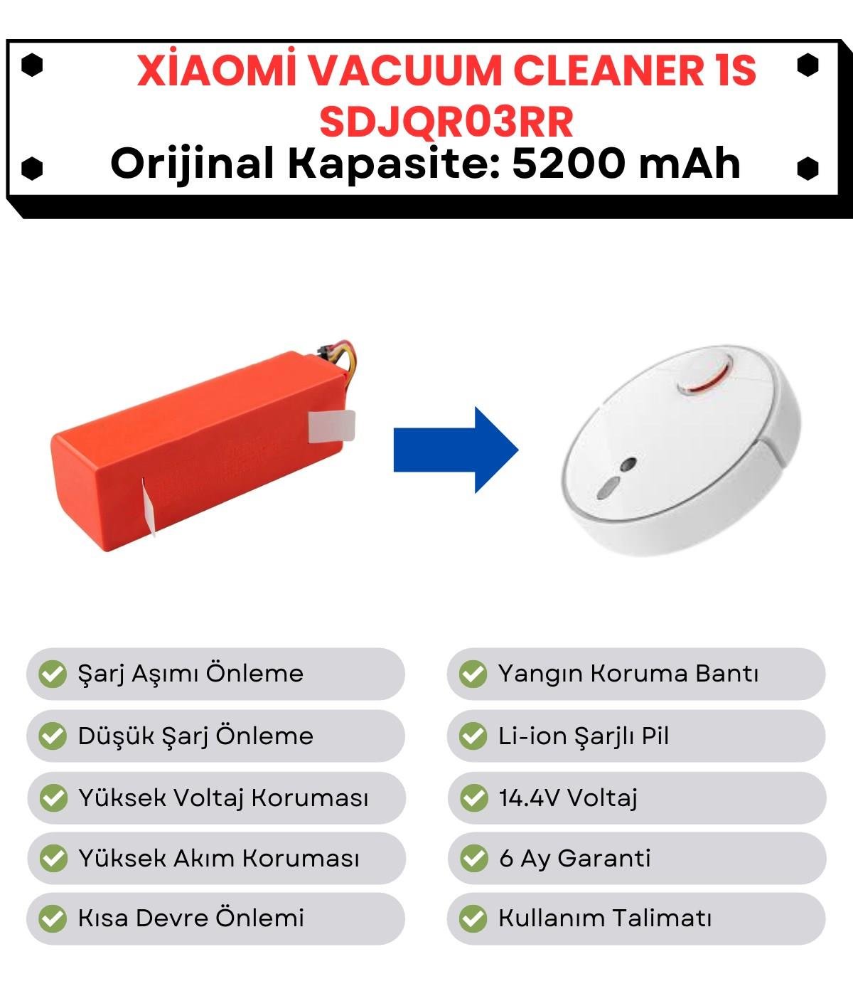 Xiaomi Vacuum Cleaner1S SDJQR03RR Uyumlu Batarya 14.4V 5200 mAh Orijinal Kapasite Robot Süpürge Pil