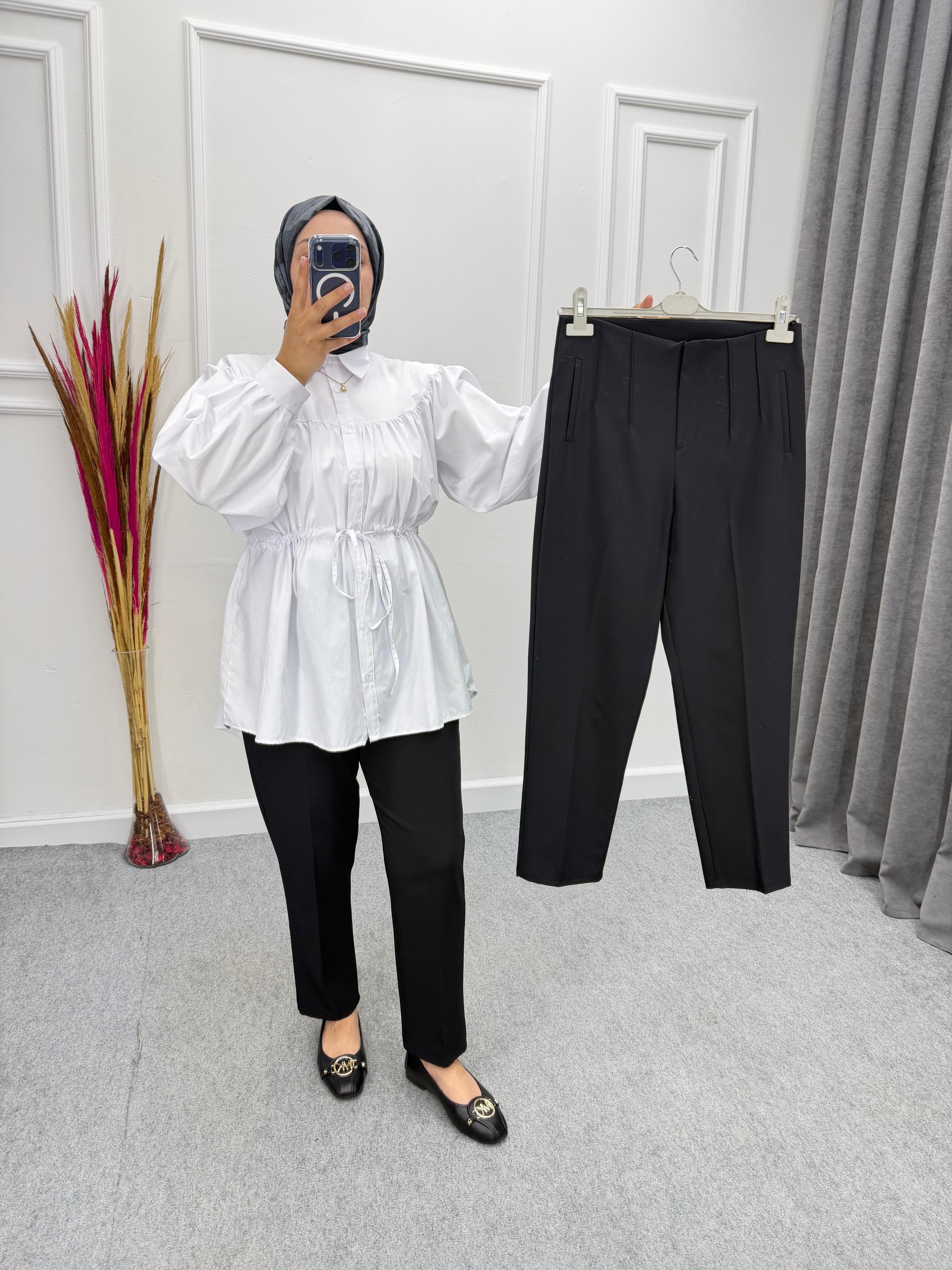 Siyah Beli Pens Detaylı Dabıl Pantolon