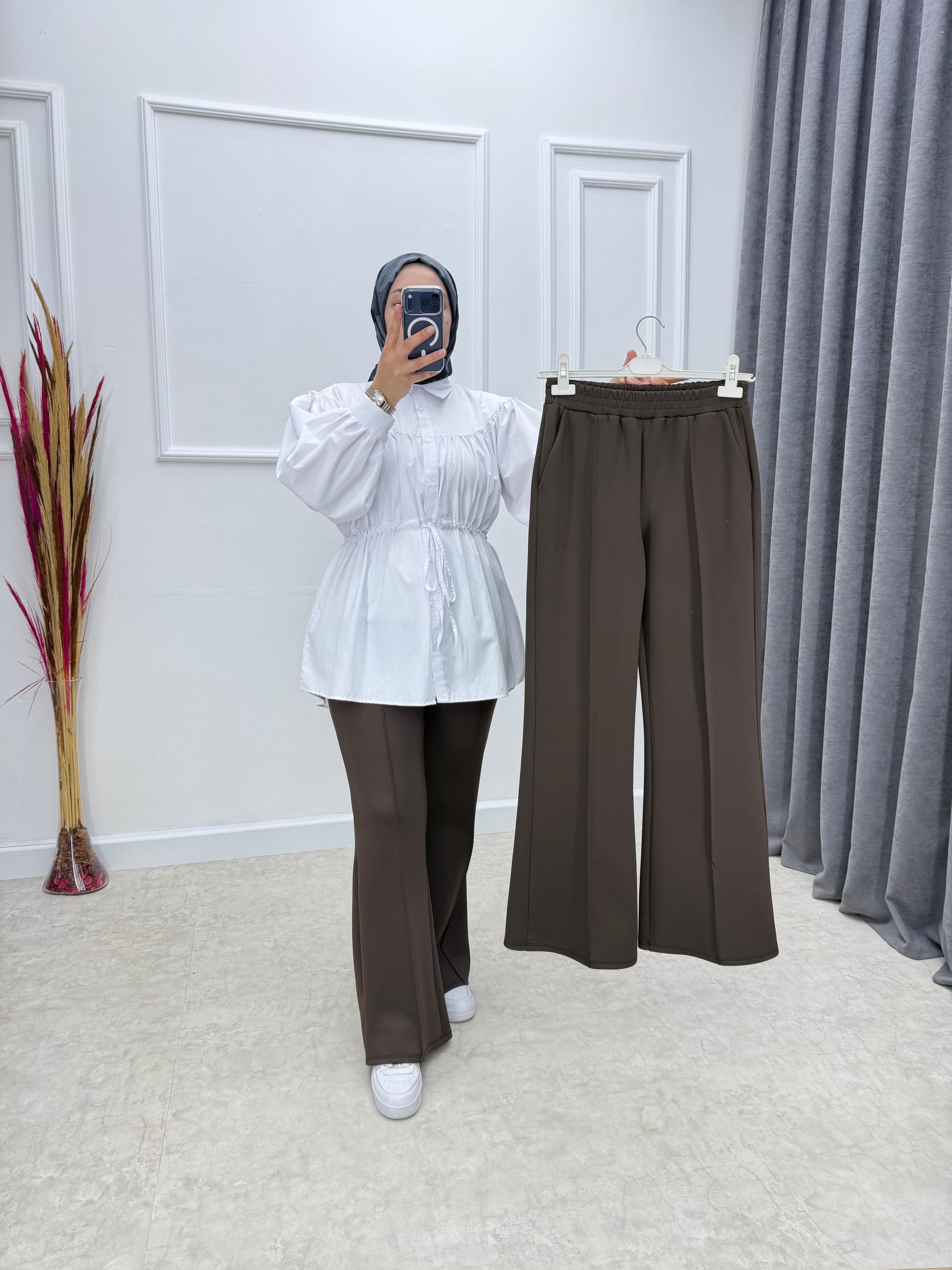 Çima Dikişli Scuba Kumaş İspanyol Paça Pantolon Kahve