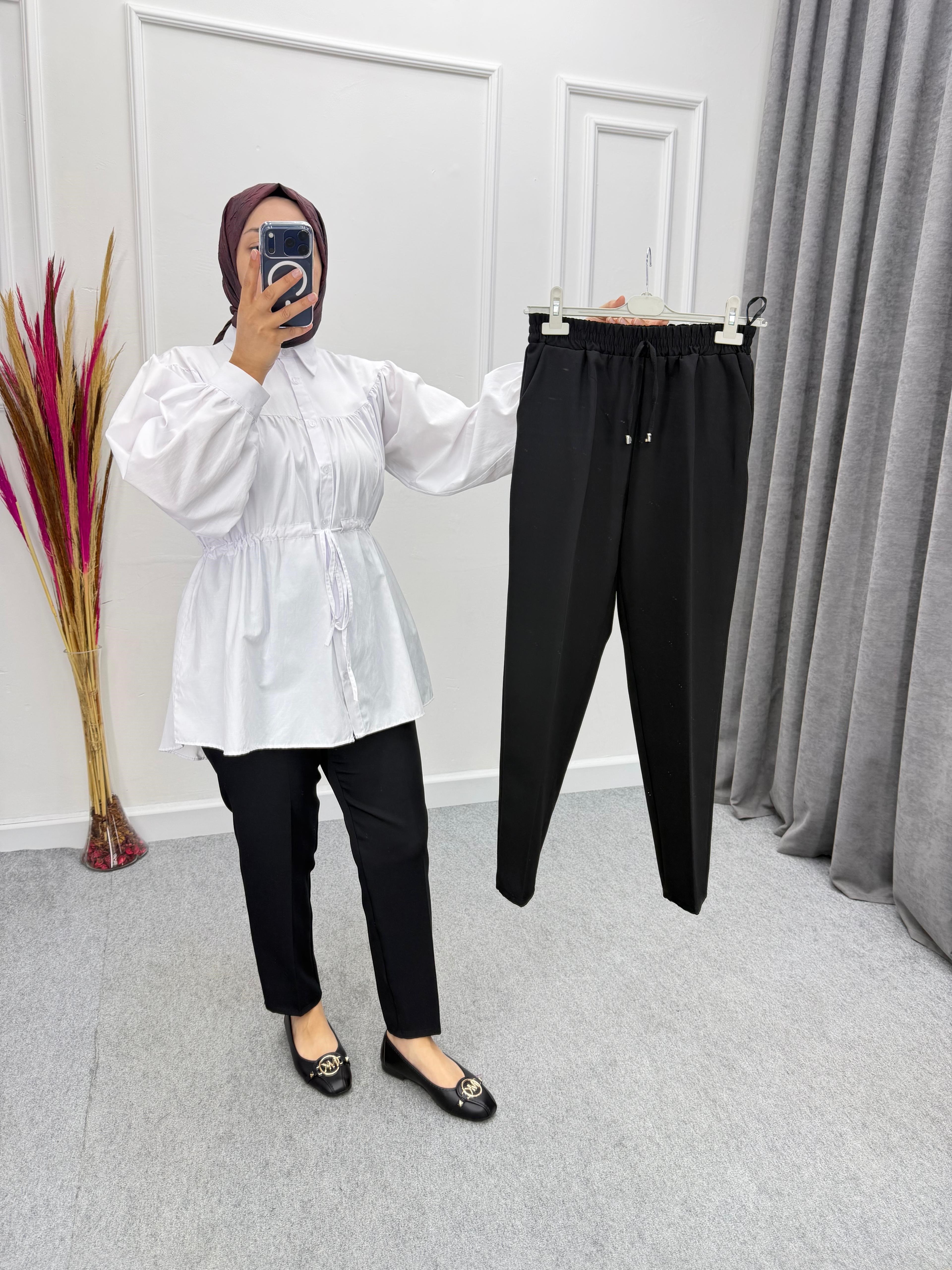 Siyah Beli Lastikli Cepli Dabıl Kumaş Pantolon