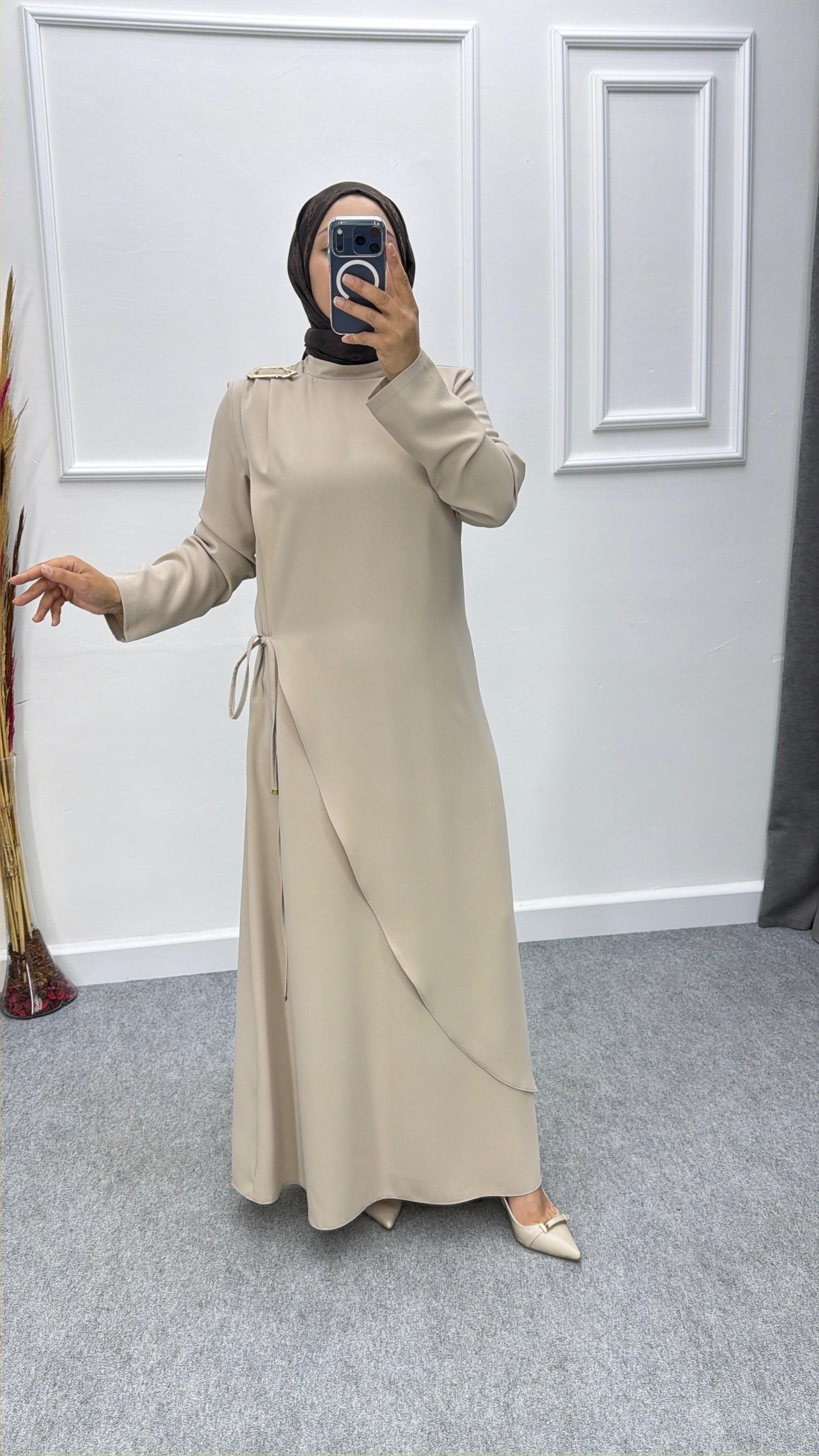 Bej Omzu Tokalı Lina Elbise