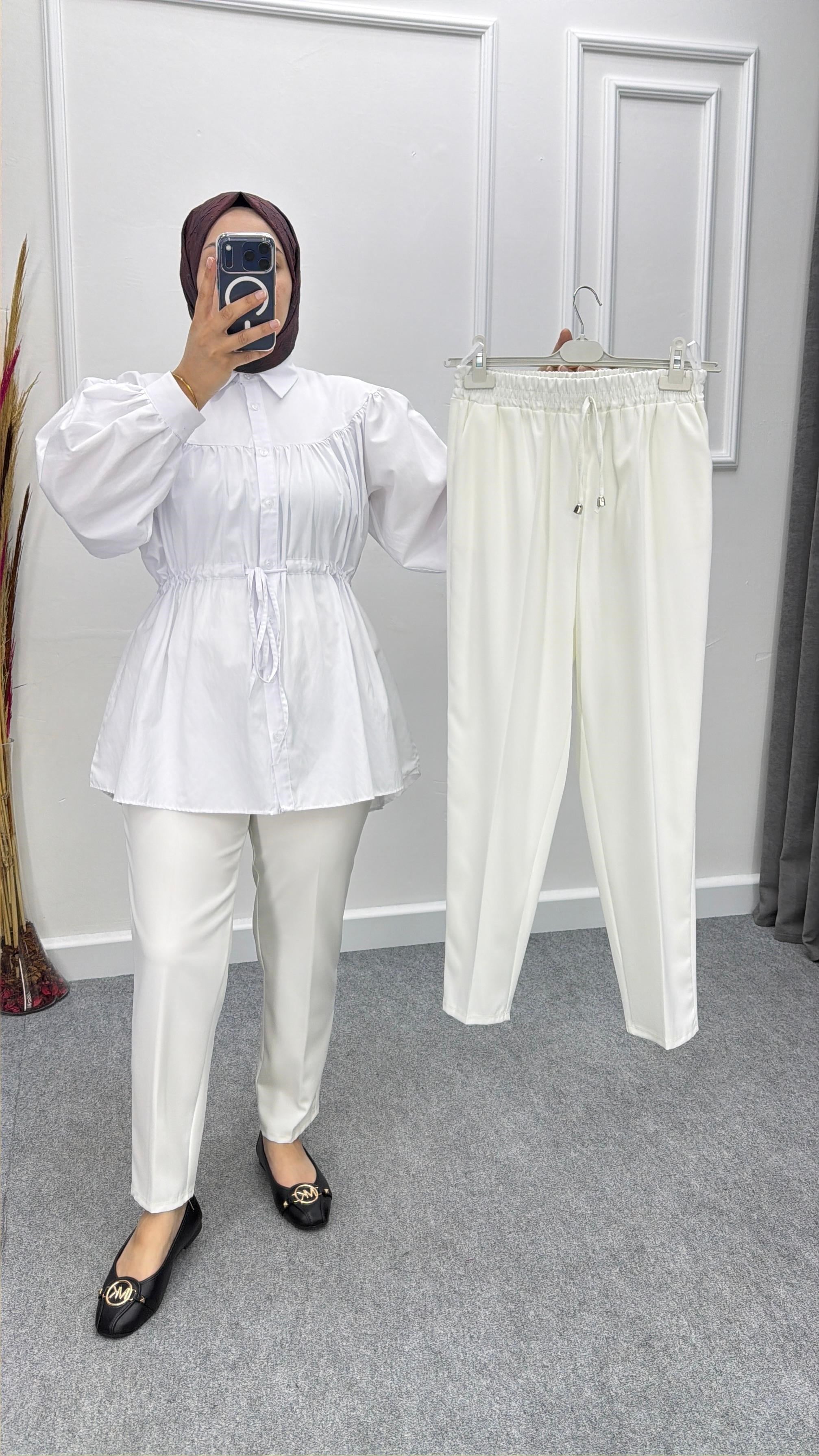 Ekru Beli Lastikli Cepli Dabıl Kumaş Pantolon