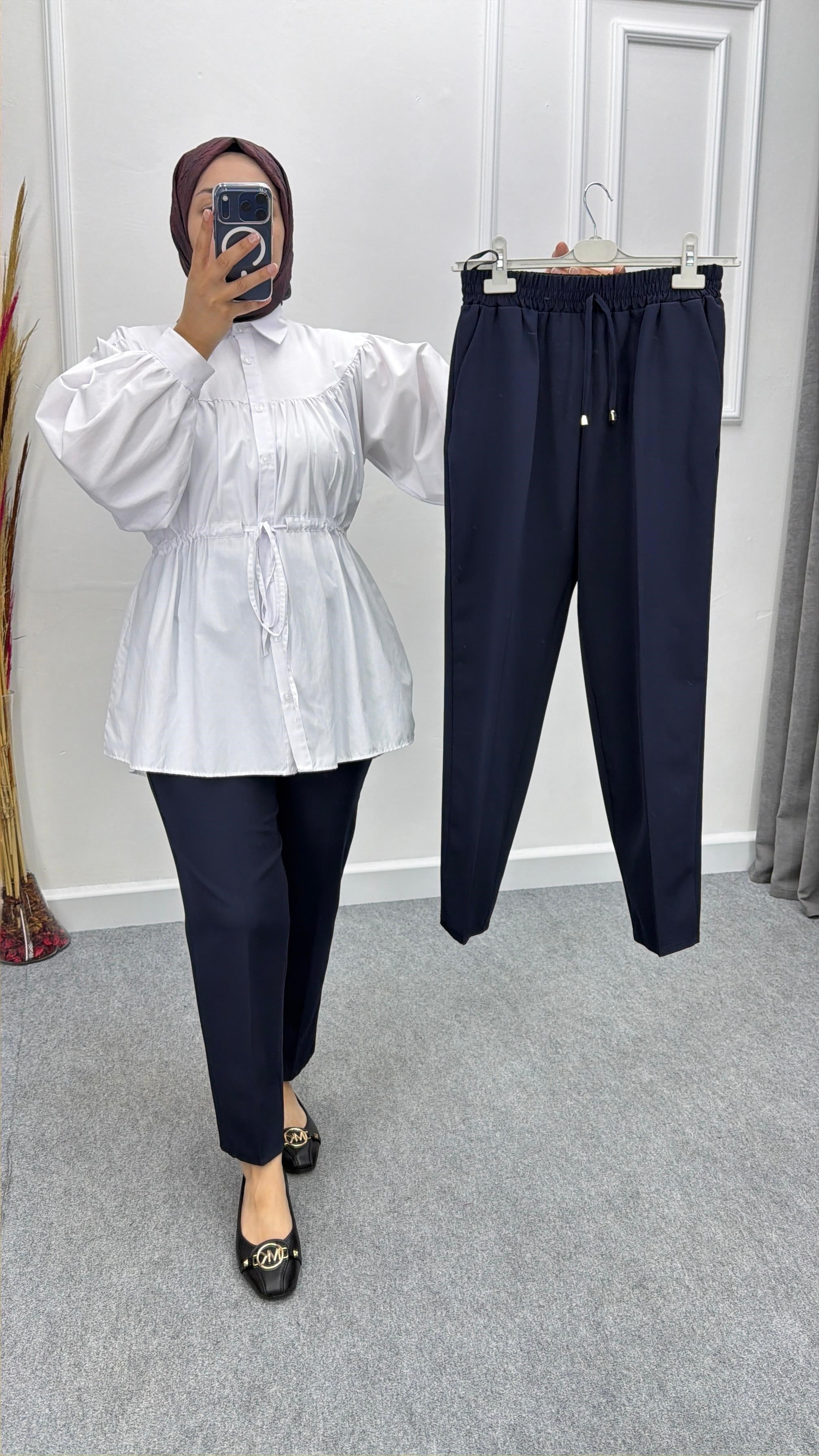 Lacivert Beli Lastikli Cepli Dabıl Kumaş Pantolon