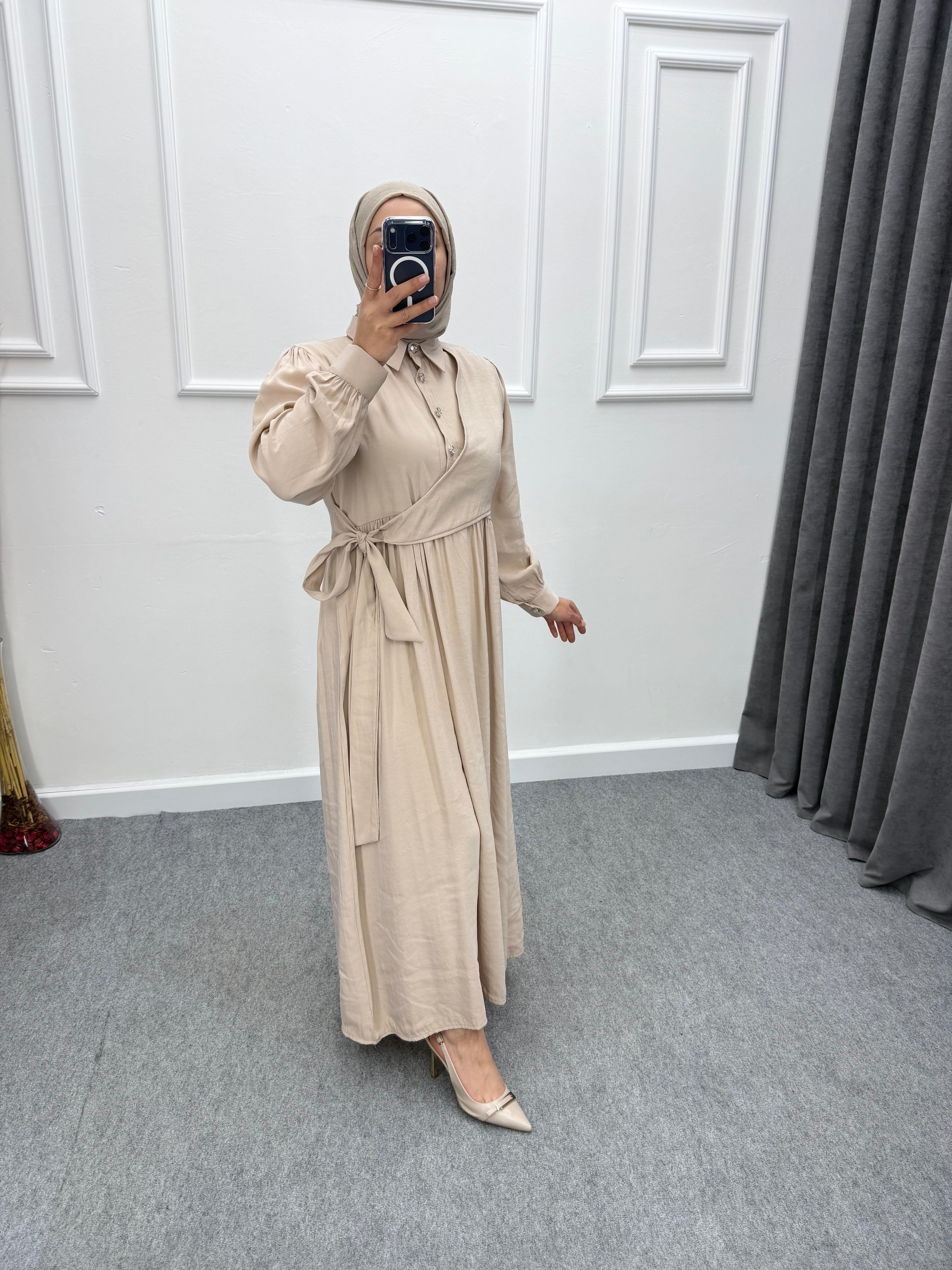 Beli Bağlamalı Modal Elbise Krem