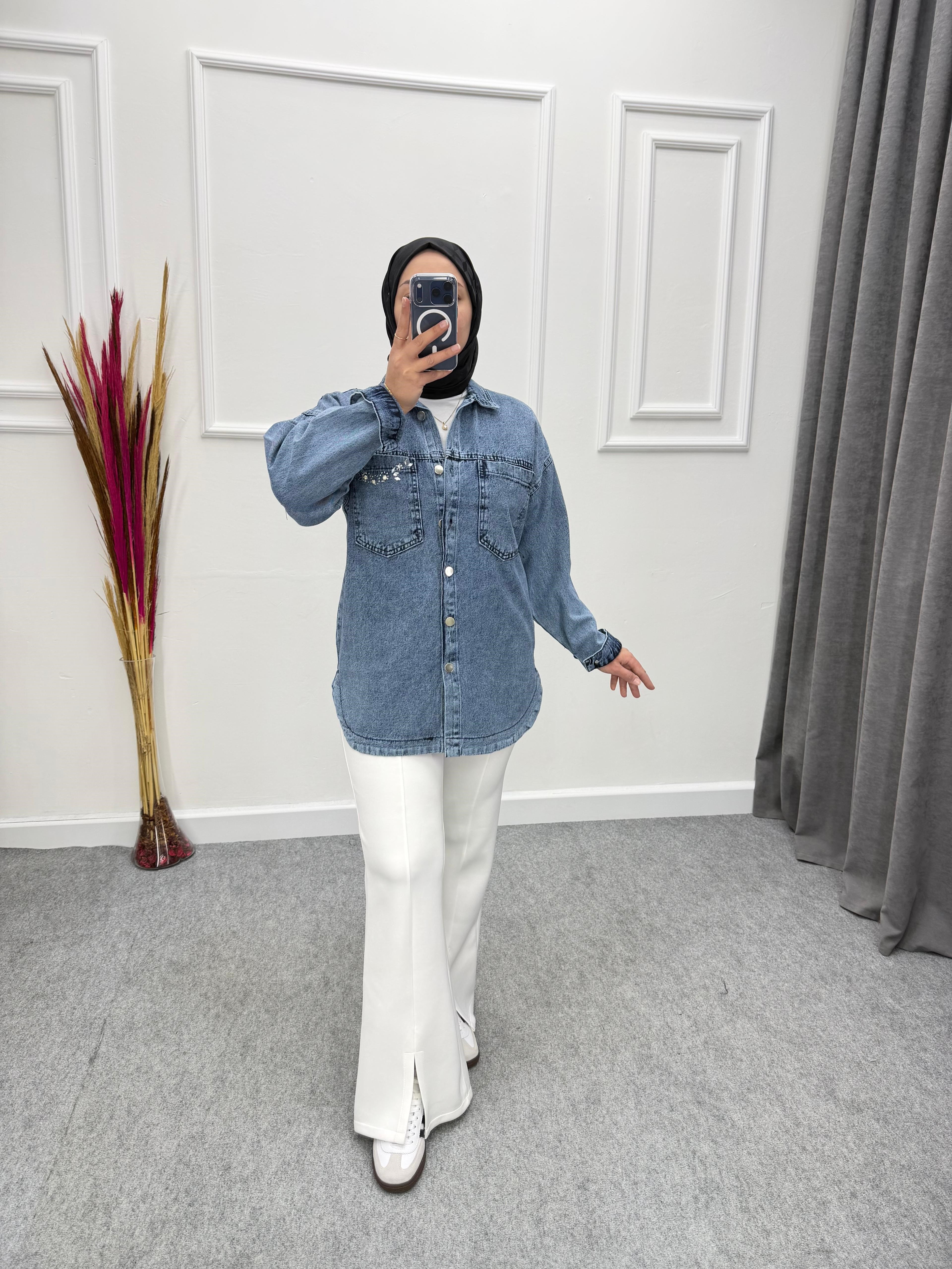 Cebi Taş Detaylı Oversize Kot Ceket Kar Mavi