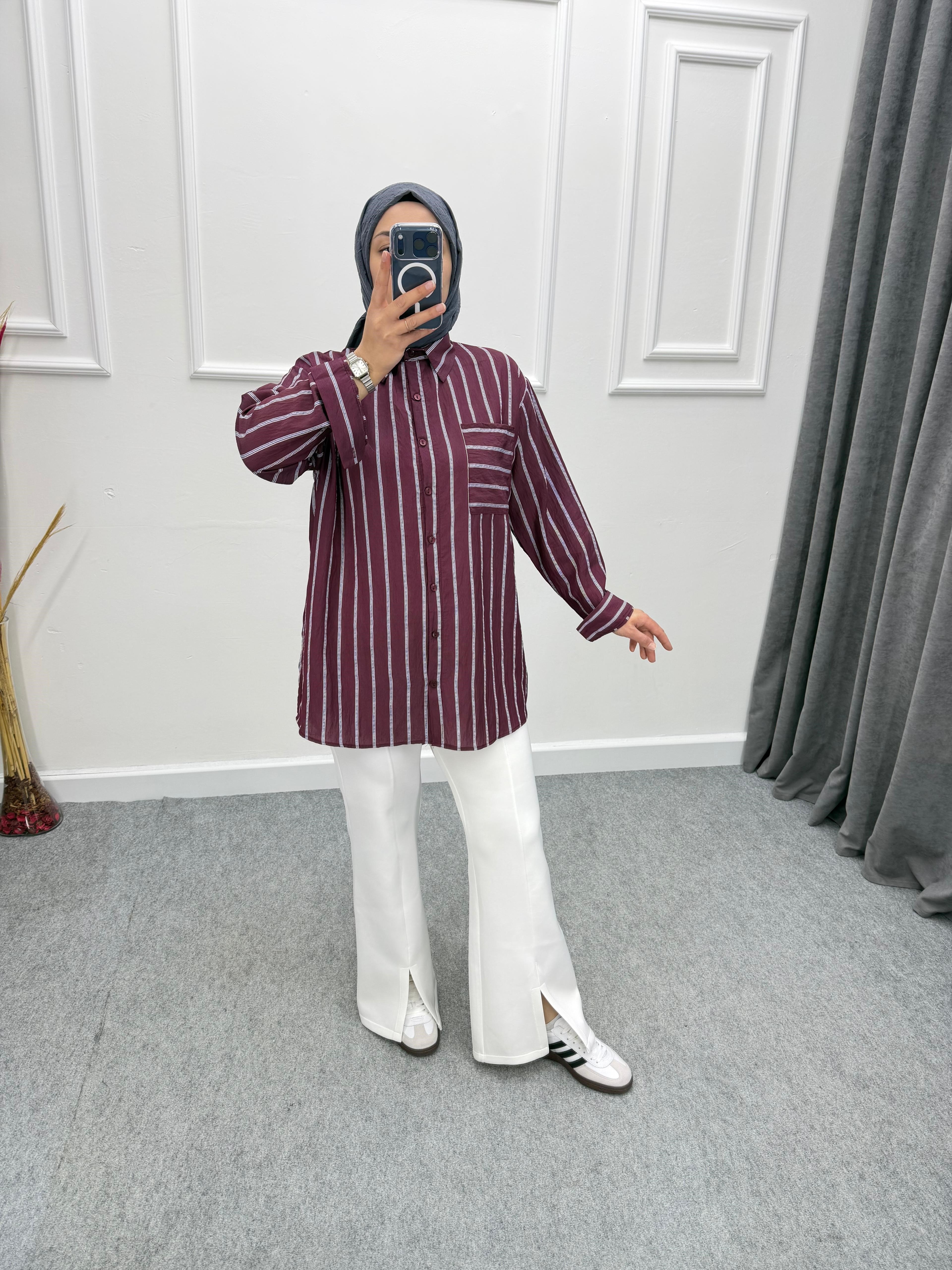 Çizgili Oversize Gömlek Bordo