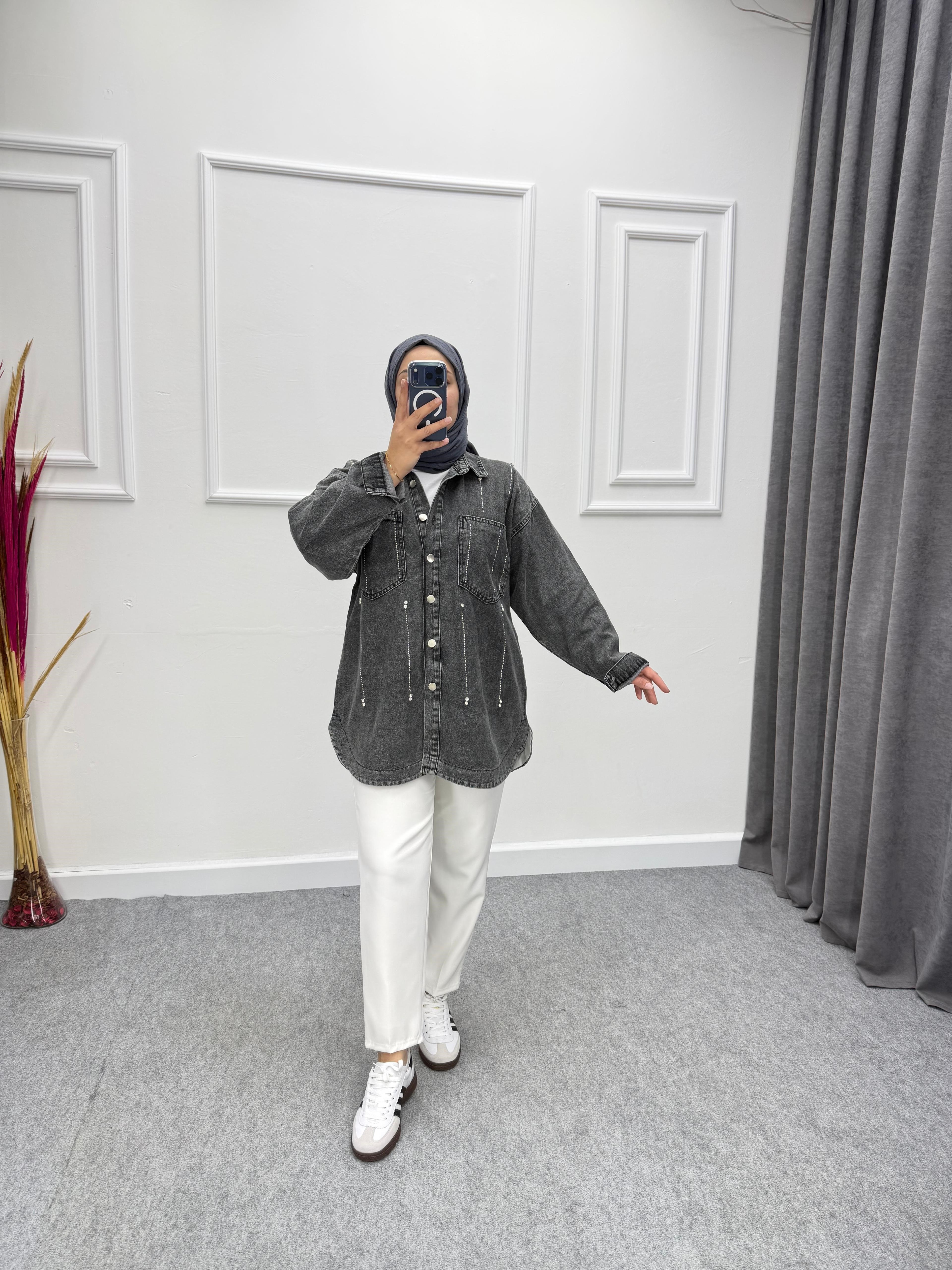Denim Oversize Taşlı Kot Ceket Gri