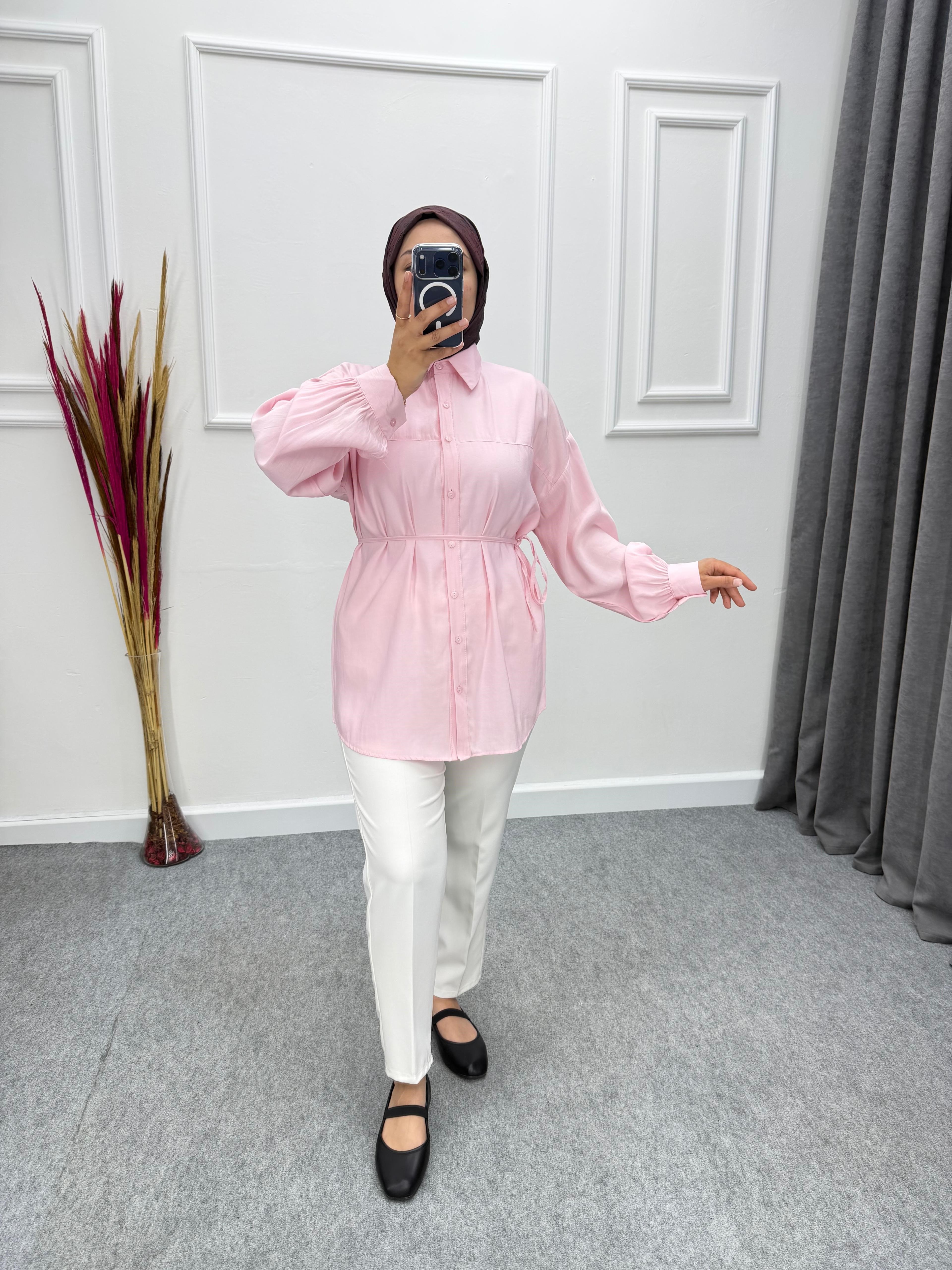 Elisa Bağlama Detaylı Modal Gömlek Pembe