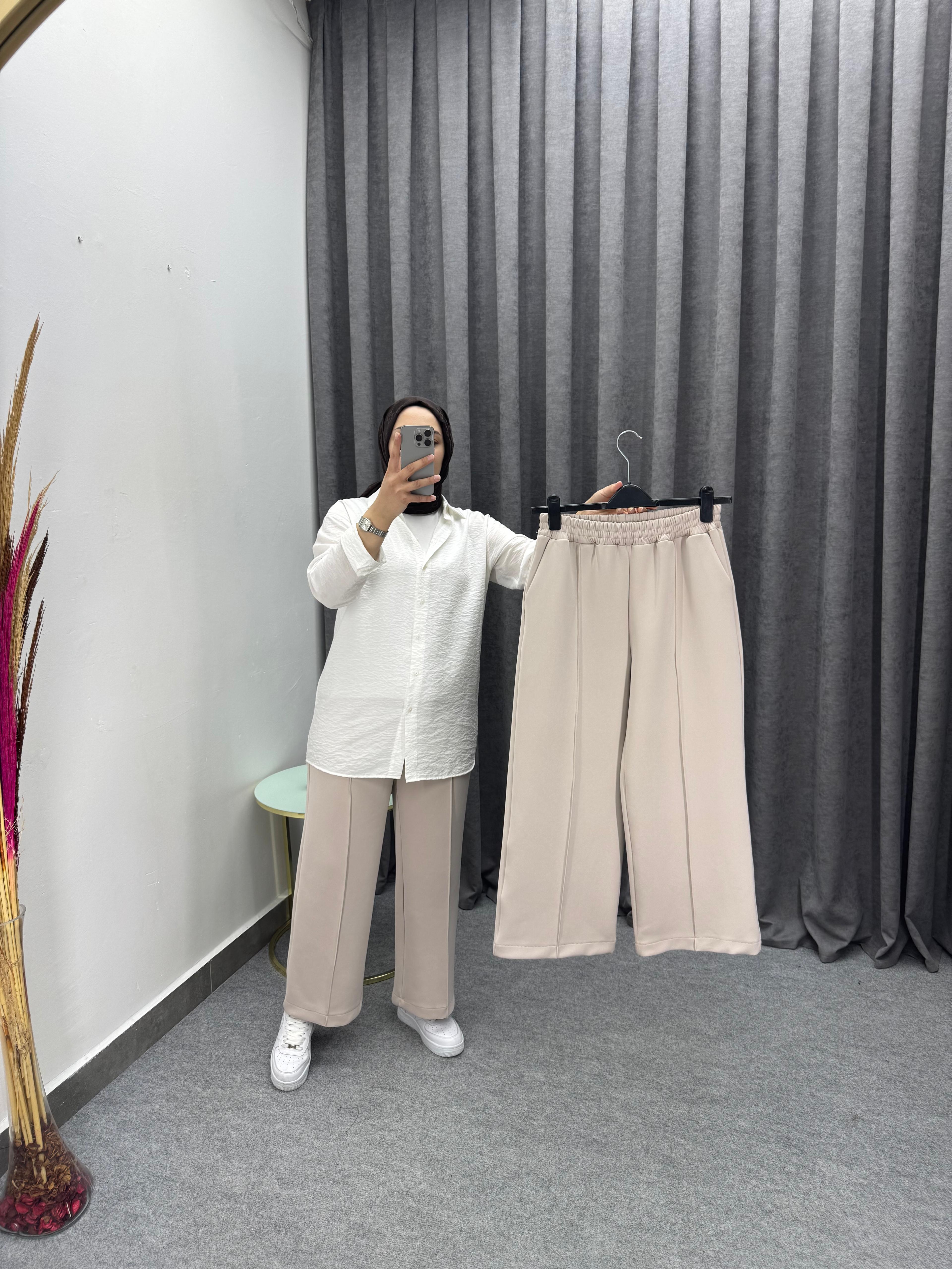 Krem Çimalı Bol Paça Pantolon
