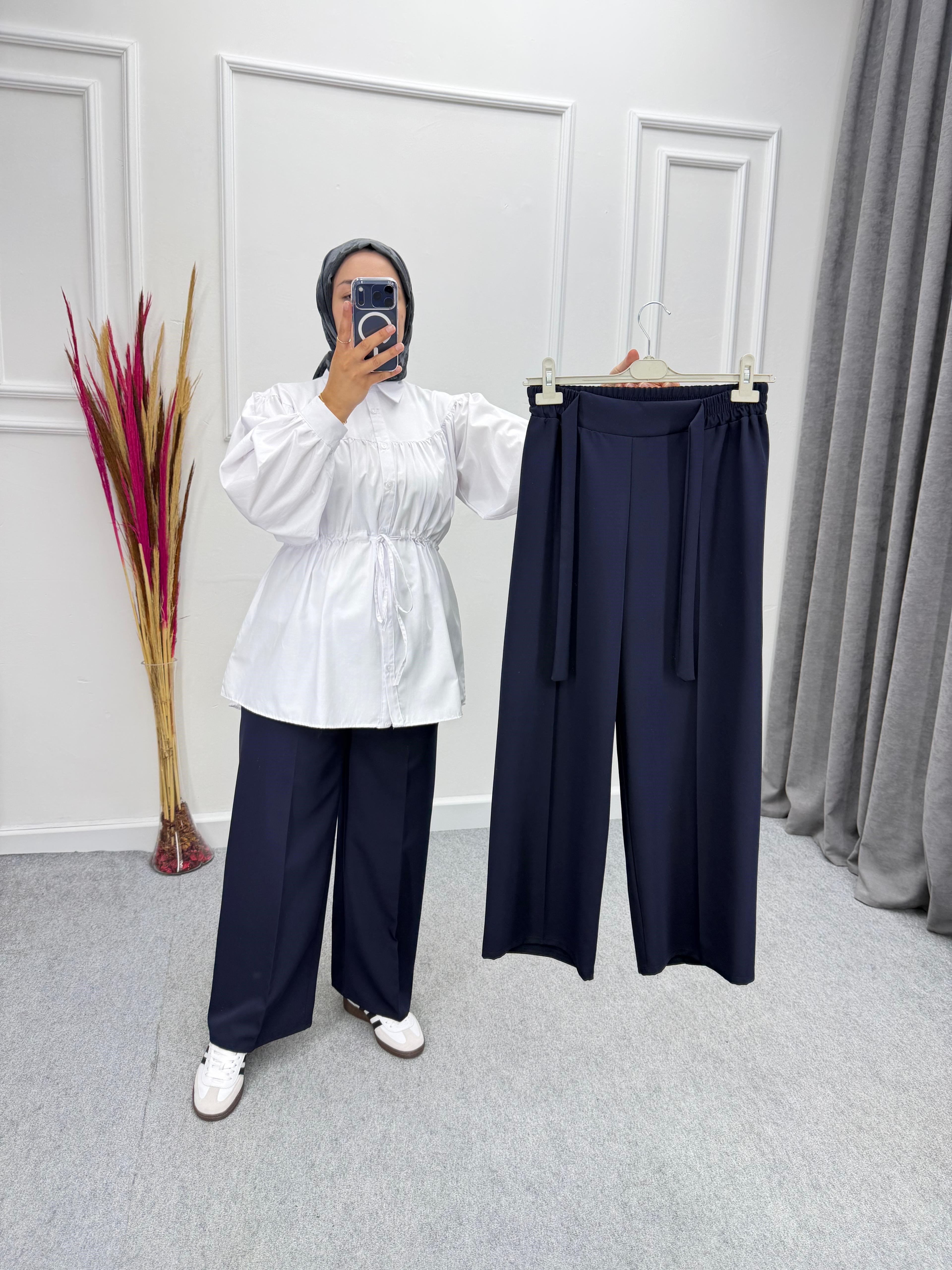 Lacivert Bol Paça Dabıl Kumaş Pantolon