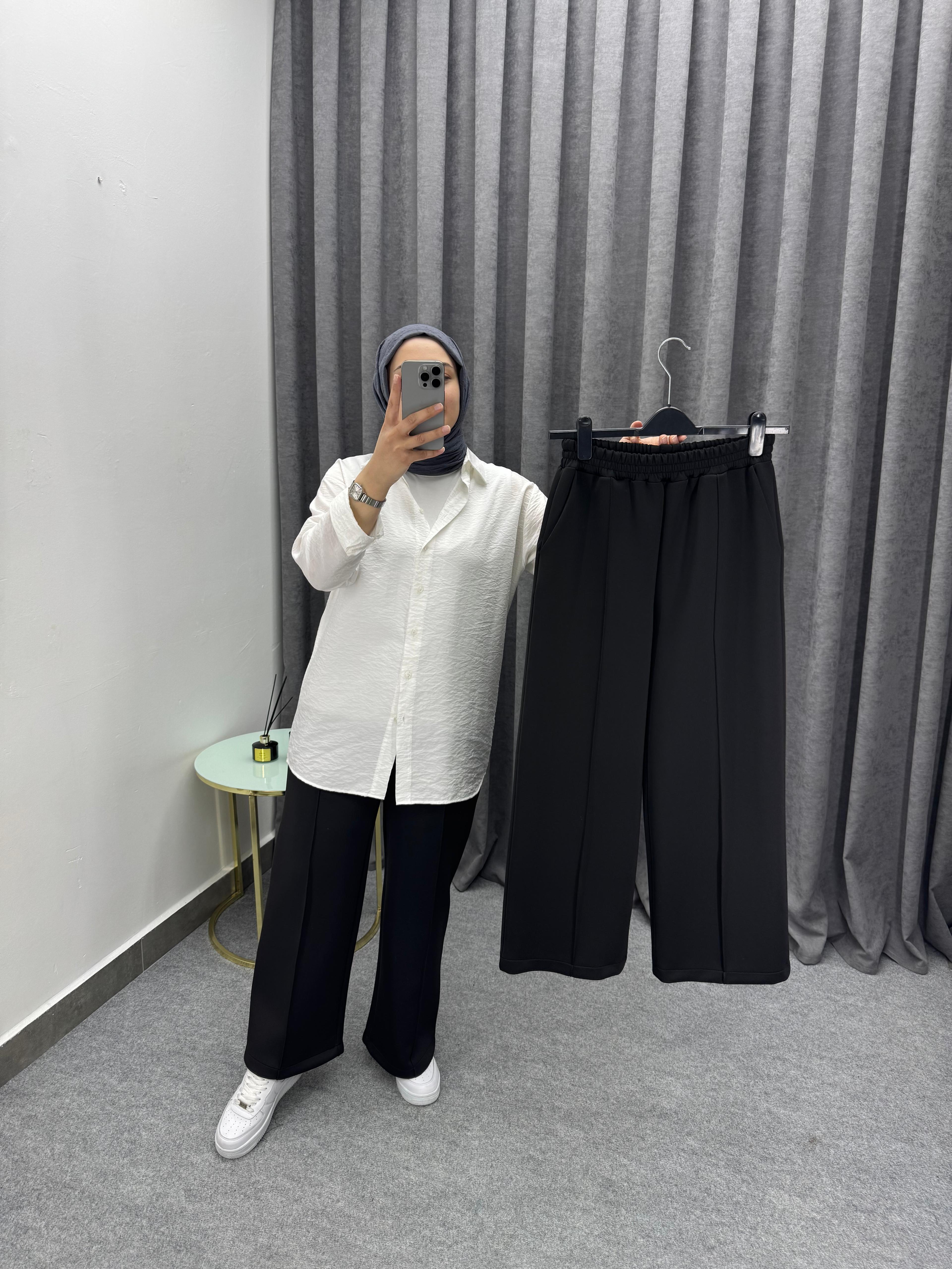 Siyah Çimalı Bol Paça Pantolon