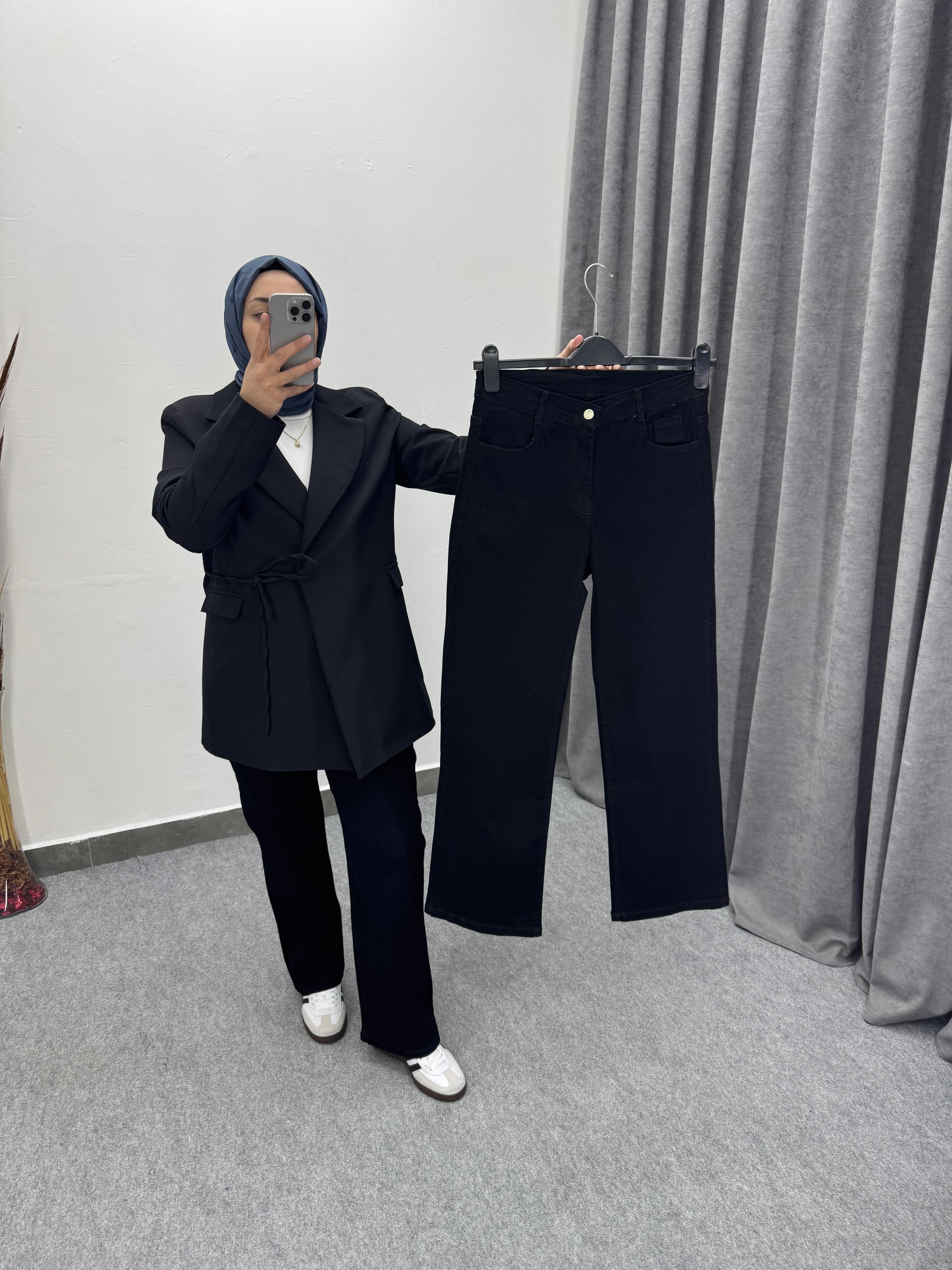 Siyah Düz Palazzo Model Likralı Jean