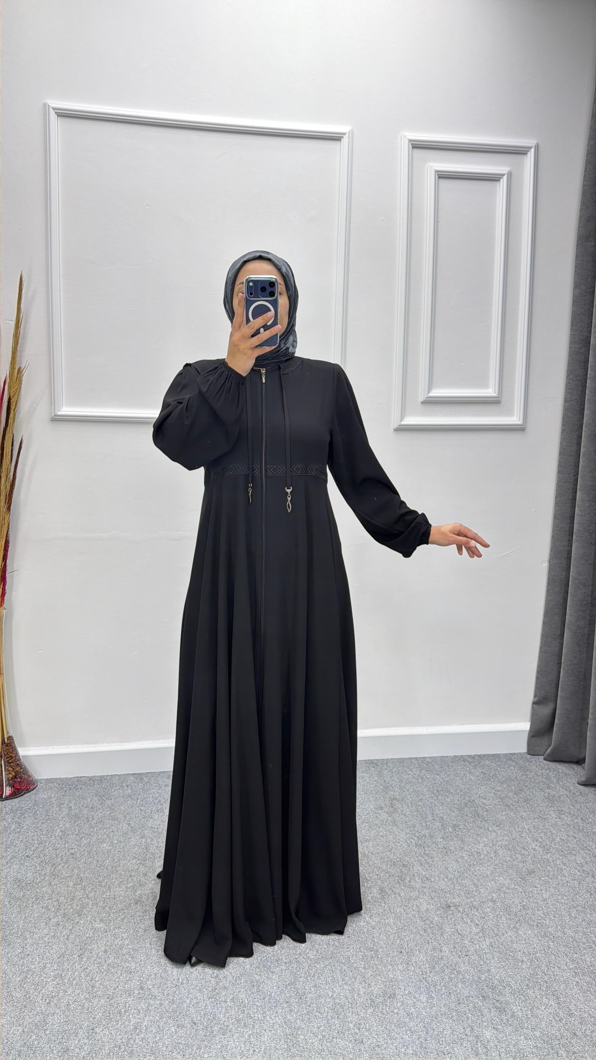 Siyah Merve Model Beli Nakışlı Mevlana Model Ferace
