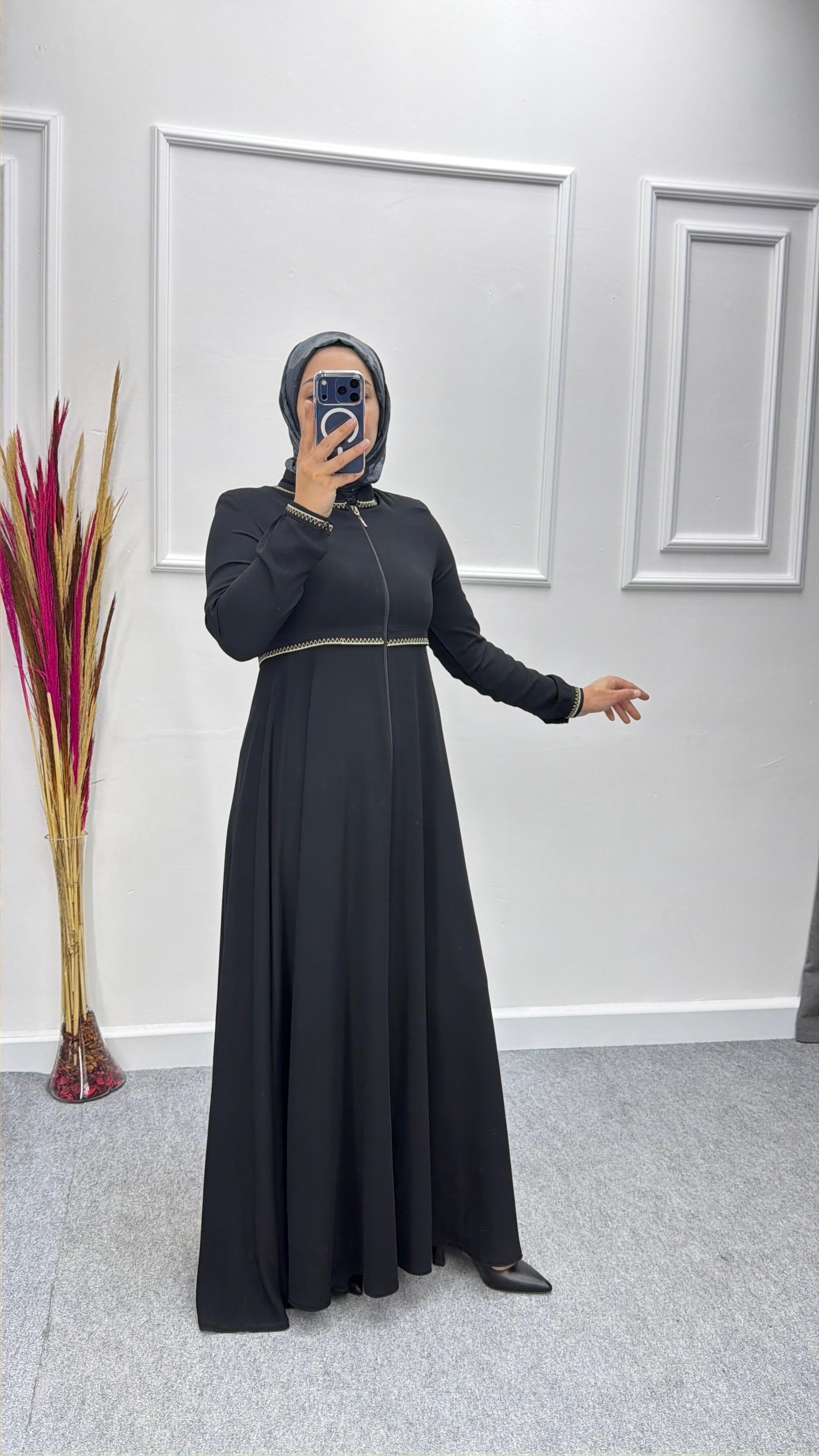 Siyah Mevlana Model Beli Nakış İşlemeli Ferace