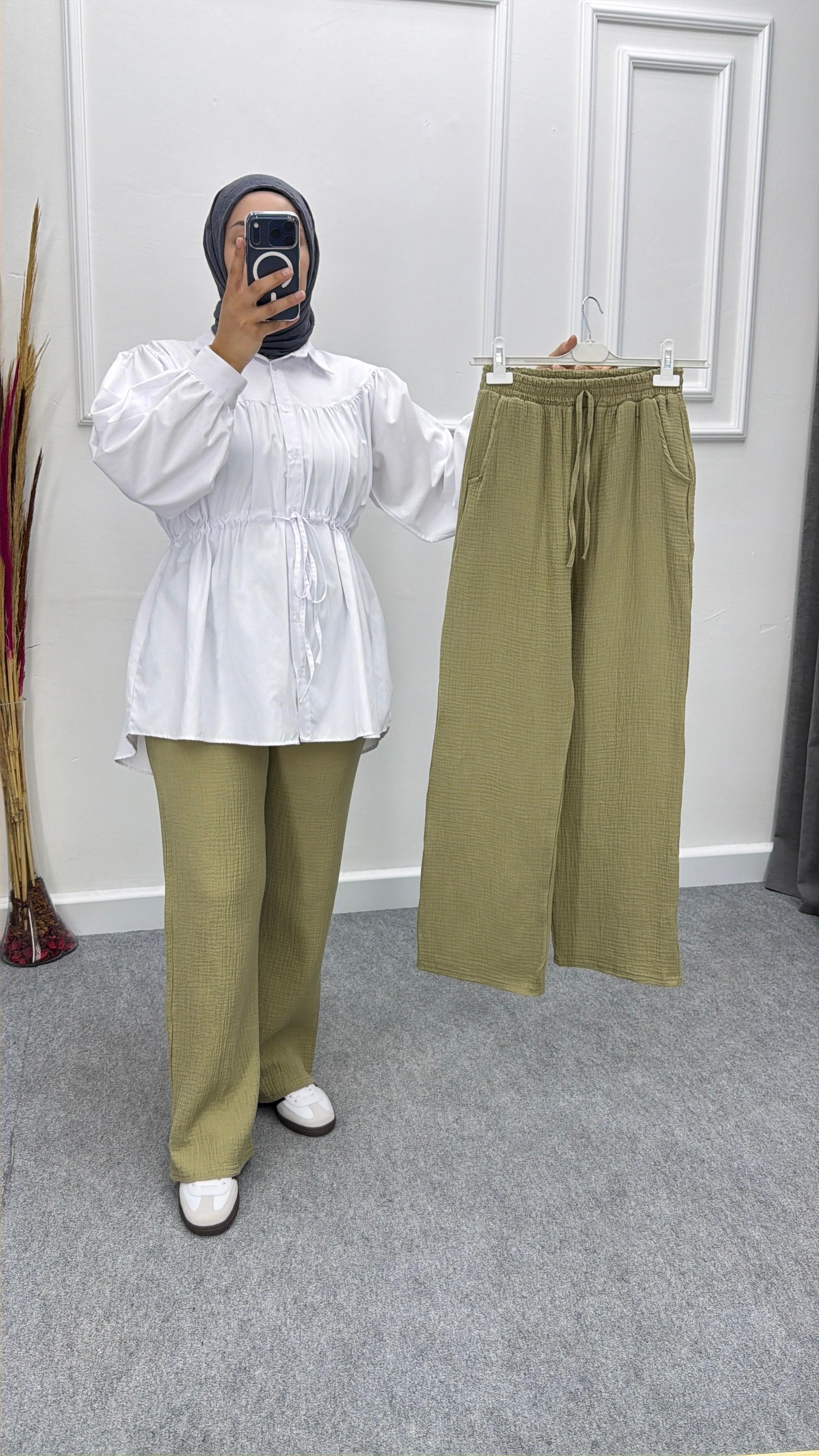 Yağ Yeşili Müslin Kumaş Pantolon