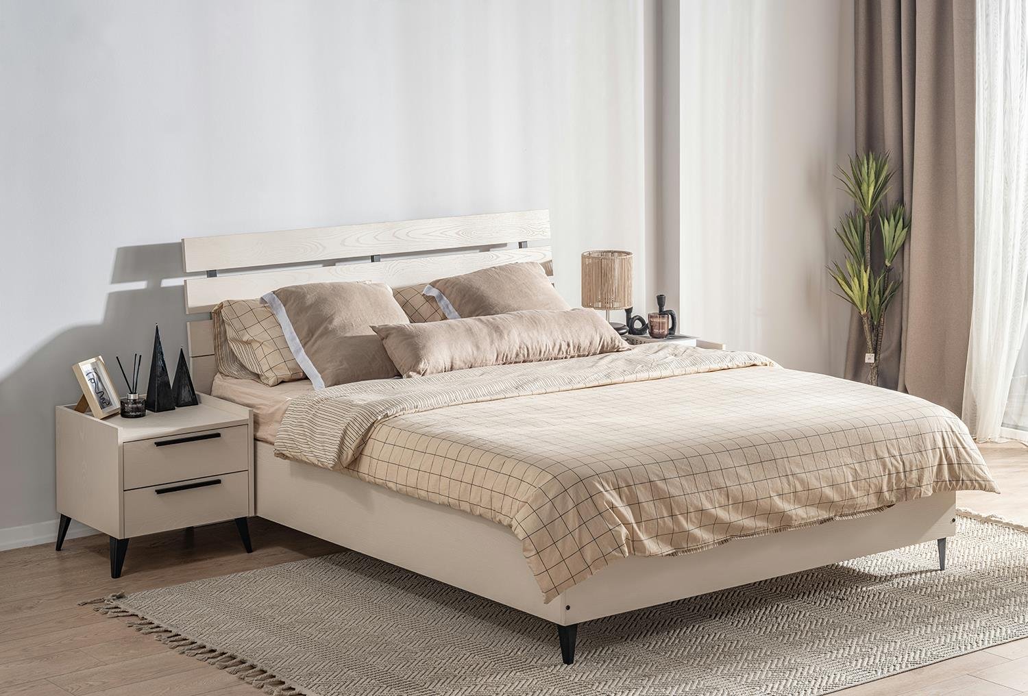 Ceramical KR2 Ahşap Başlıklı Bazasız Karyola - 160x200 - Vizon Bej
