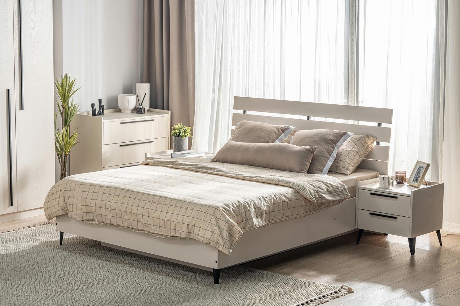 Ceramical KRB2 Ahşap Başlıklı Bazalı Karyola - 160x200 - Vizon Bej