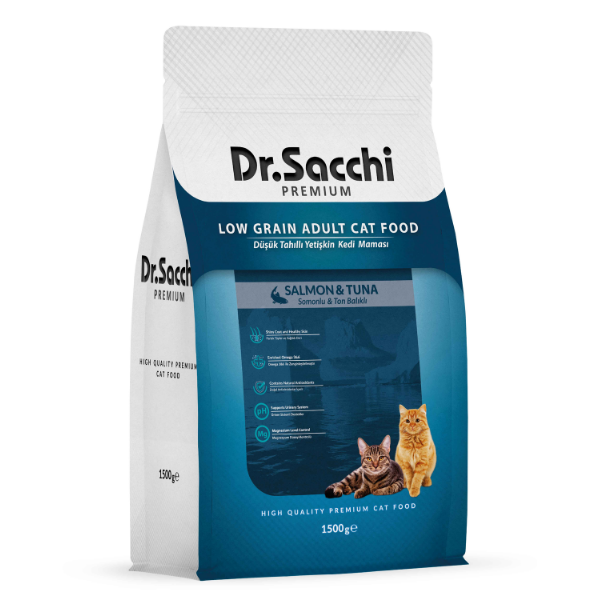Dr.Sacchi Premium Somonlu ve Ton Balıklı Düşük Tahıllı Yetişkin Kedi Maması 1,5kg