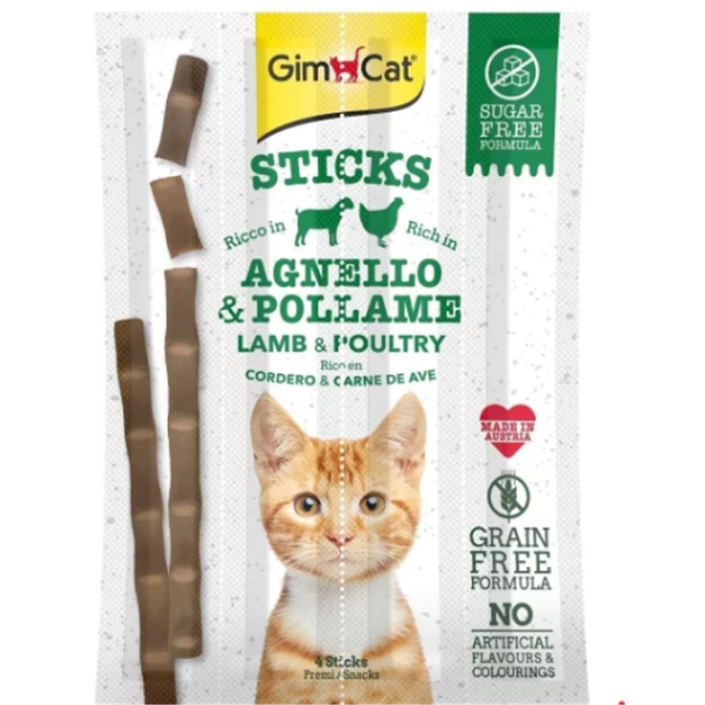GimCat Sticks Kuzulu ve Tavuklu Taurinli Tahılsız Kedi Ödül Çubuğu 20 gr (4'lü)