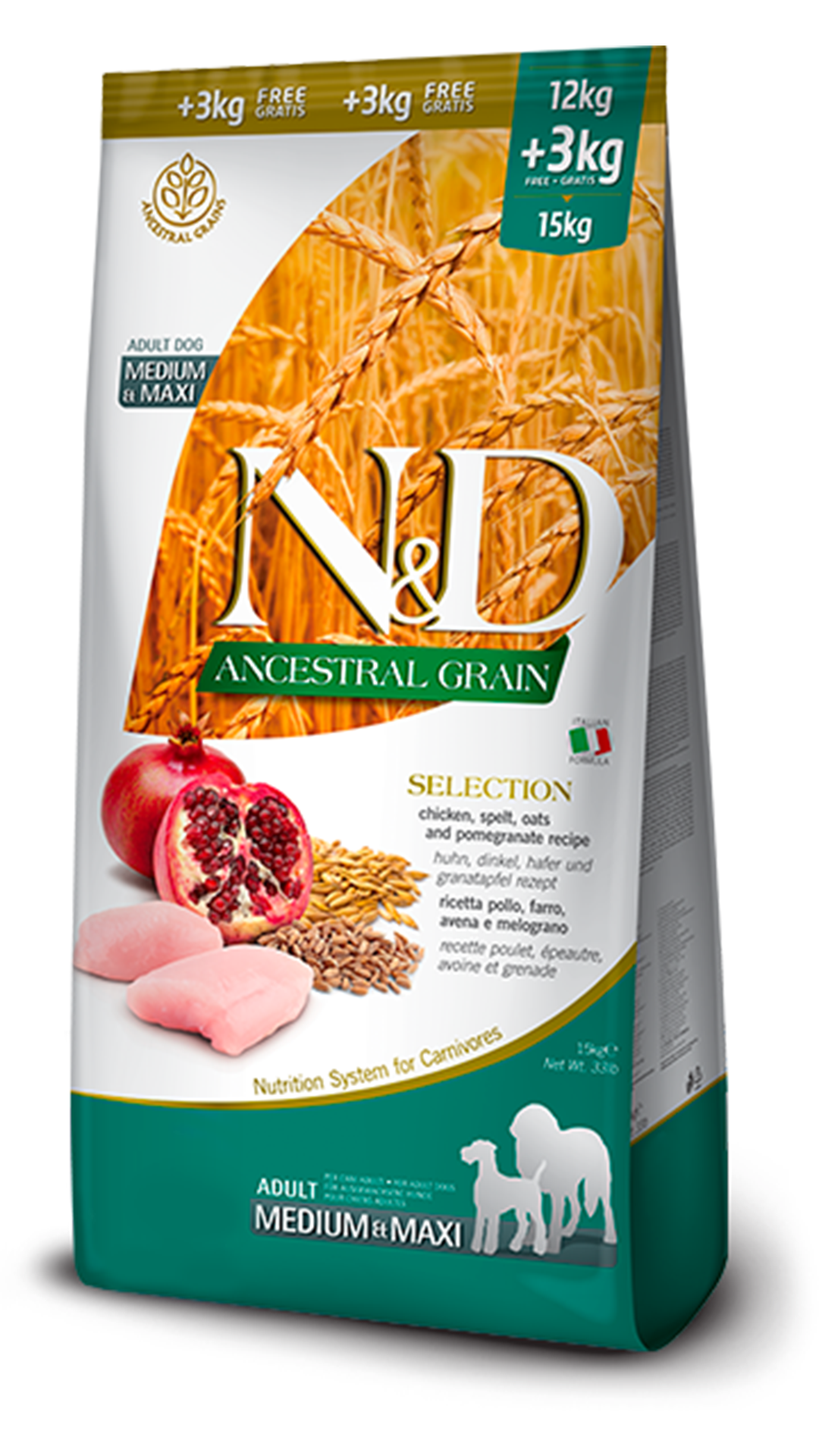 ND Düşük Tahıllı Tavuklu Narlı Medium Maxi Yetişkin Köpek Maması 12+3kg