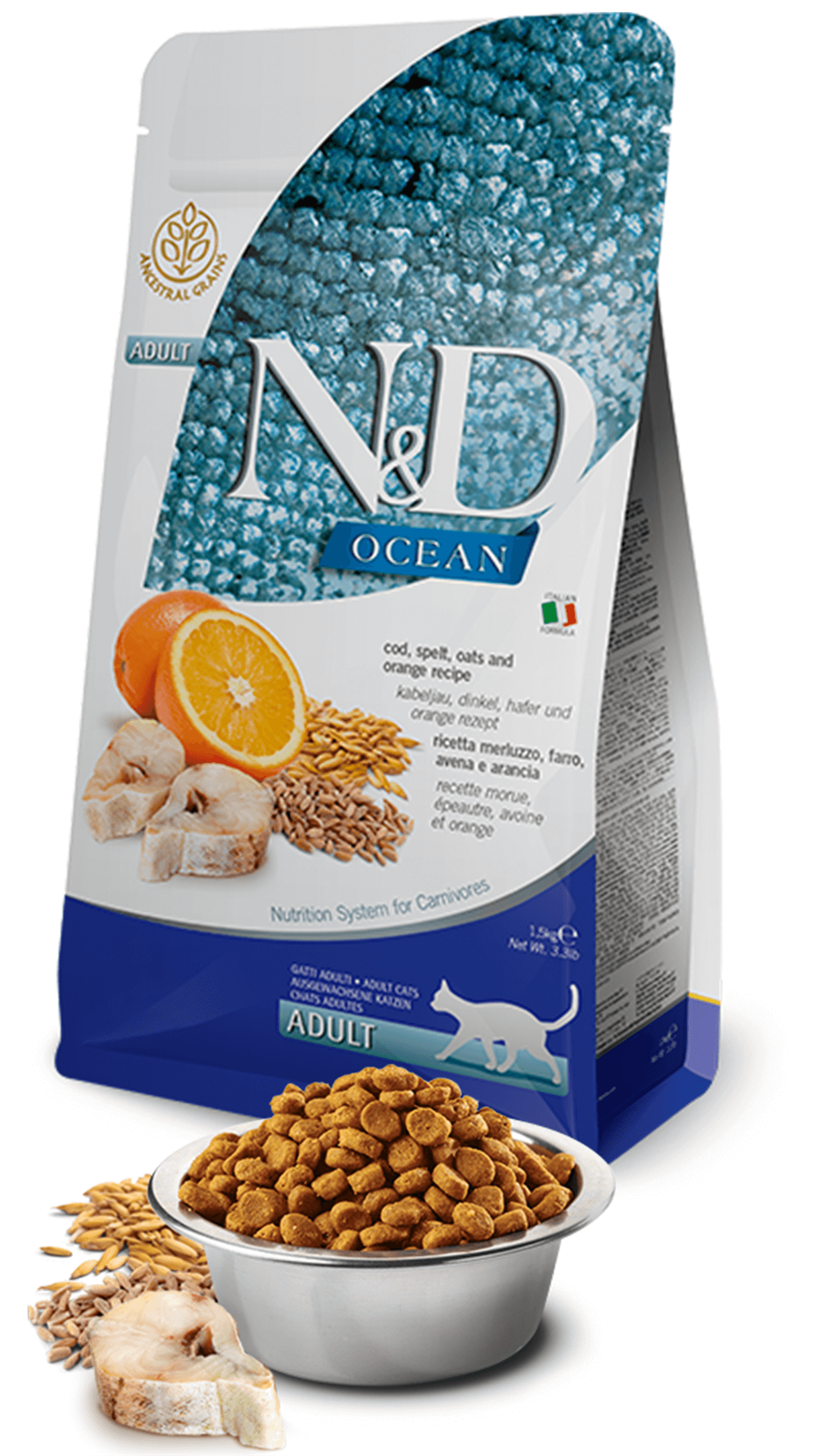 N&D Ocean Morina Balıklı ve Portakallı Ata Tahıllı Yetişkin Kedi Maması 1,5kg