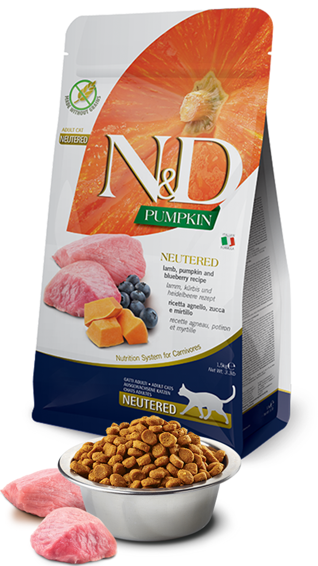 N&D Pumpkin Kuzu Etli Bal Kabaklı ve Yaban Mersinli Tahılsız Kısırlaştırılmış Kedi Maması 5kg