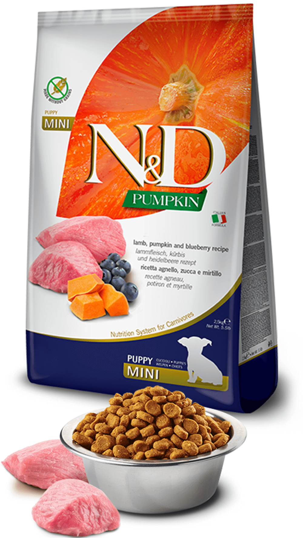 N&D Pumpkin Kuzulu ve Yaban Mersinli Küçük Irk Tahılsız Yavru Köpek Maması 2,5kg