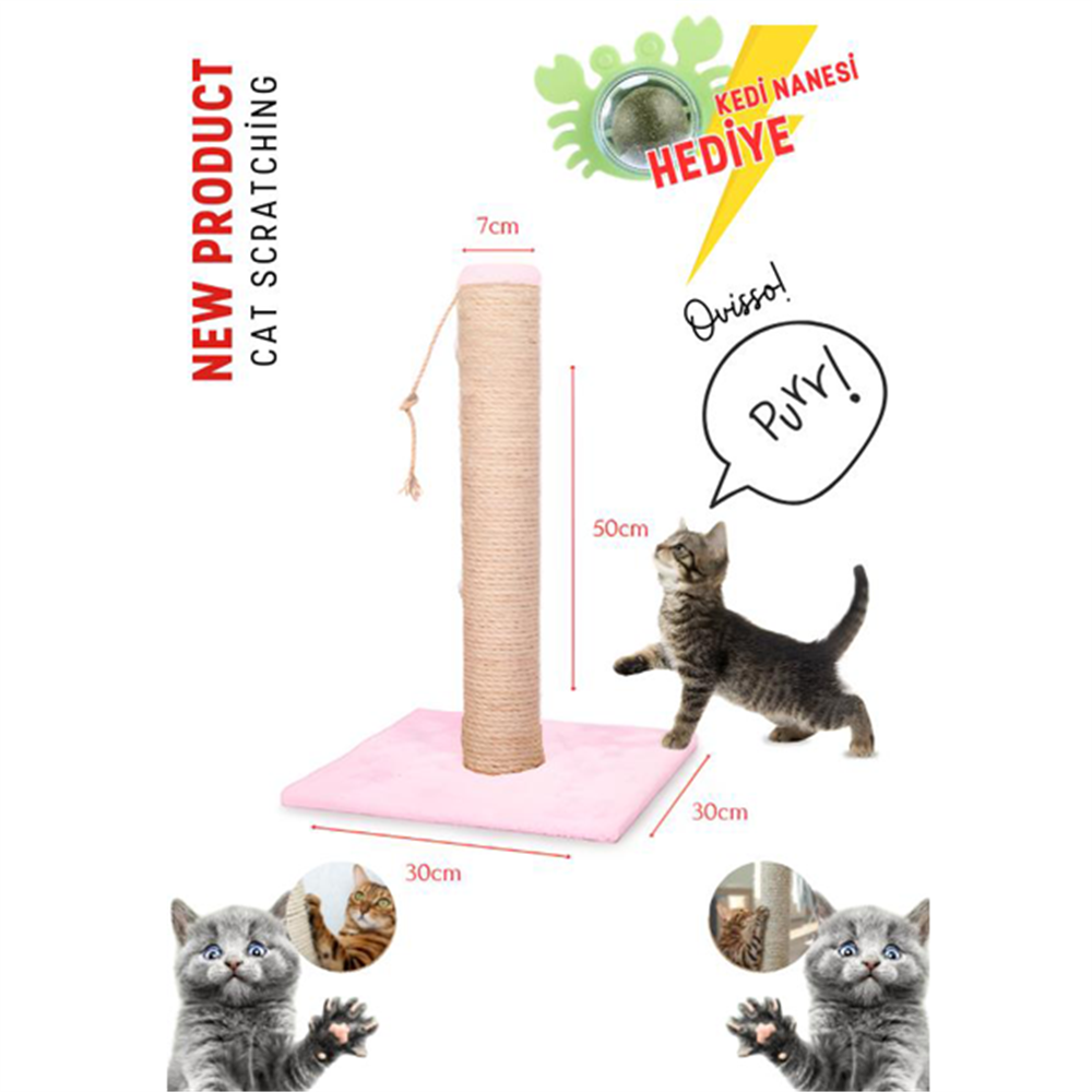 Pembe Kedi Tırmalama Tahtası & Ağacı & Oyun Alanı 50 cm - Kedi Nanesi HEDİYELİ