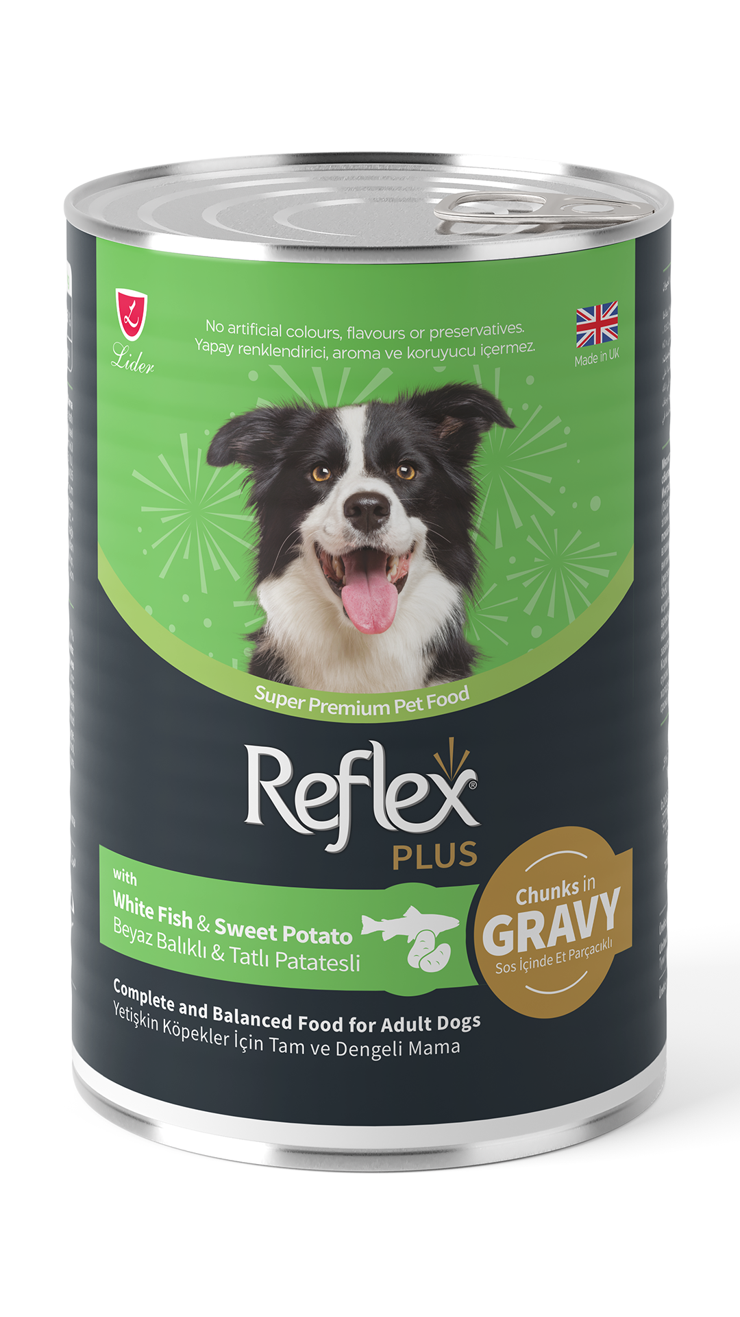 Reflex Plus Sos İçinde Parça Etli Beyaz Balıklı ve Tatlı Patatesli Yetişkin Köpek Konservesi 400gr