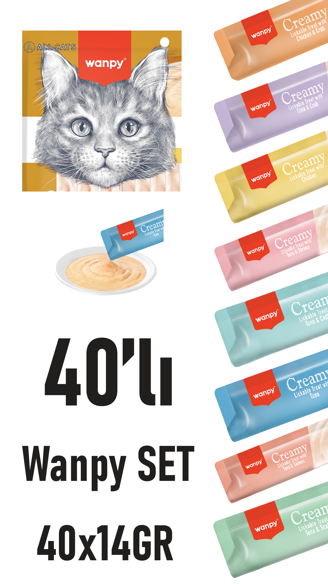 Wanpy Creamy Cat Treat Karışık Krema Sıvı Kedi Ödül Maması 40 Adet X 14 Gram