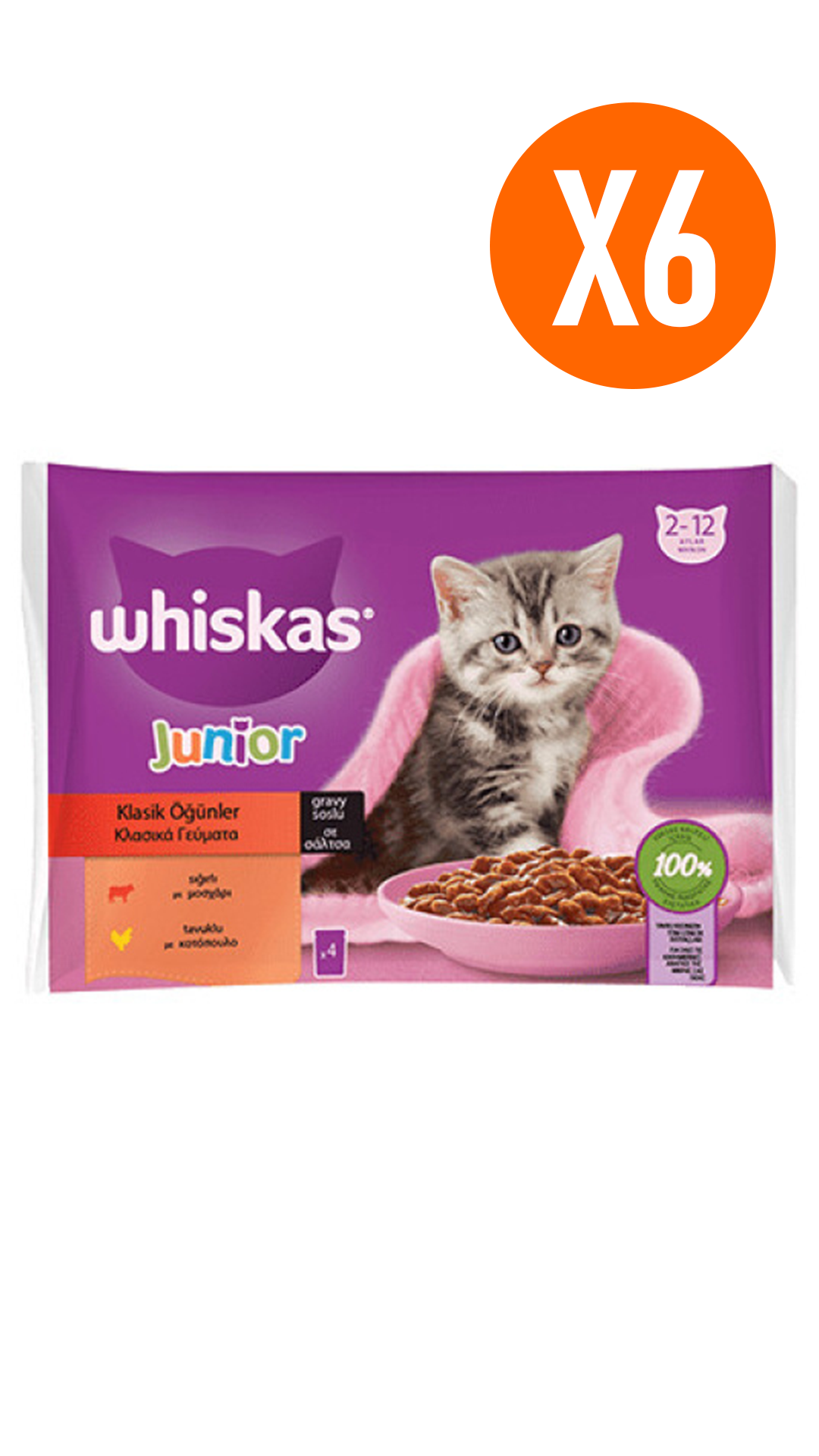 Whiskas Pouch Sos İçinde Sığırlı ve Tavuklu Yavru Kedi Konservesi 85gr (4'lü) 6 Adet
