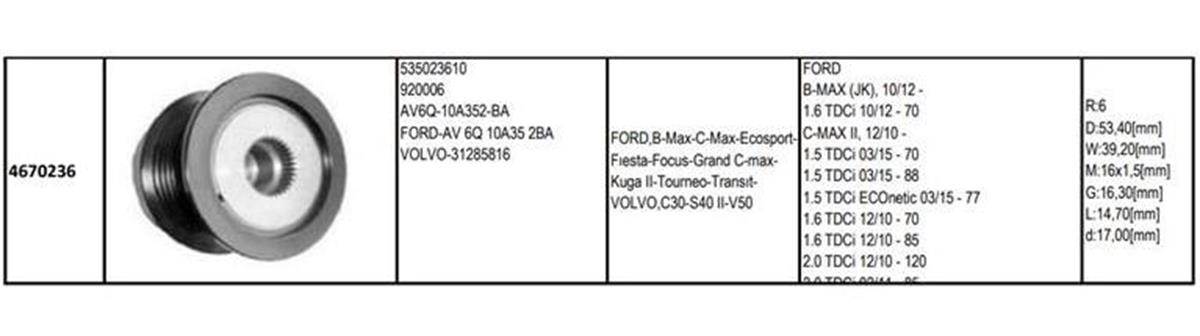Alt Kasnağı 6Kan Focus Fiesta (Ford Cmax Fıesta 4 Focus 3 Kuga 2 Transit Connect Courıer 1 5 1 6 2 0Tdci) (535023610 Wai 94280 | Gmp 4670236